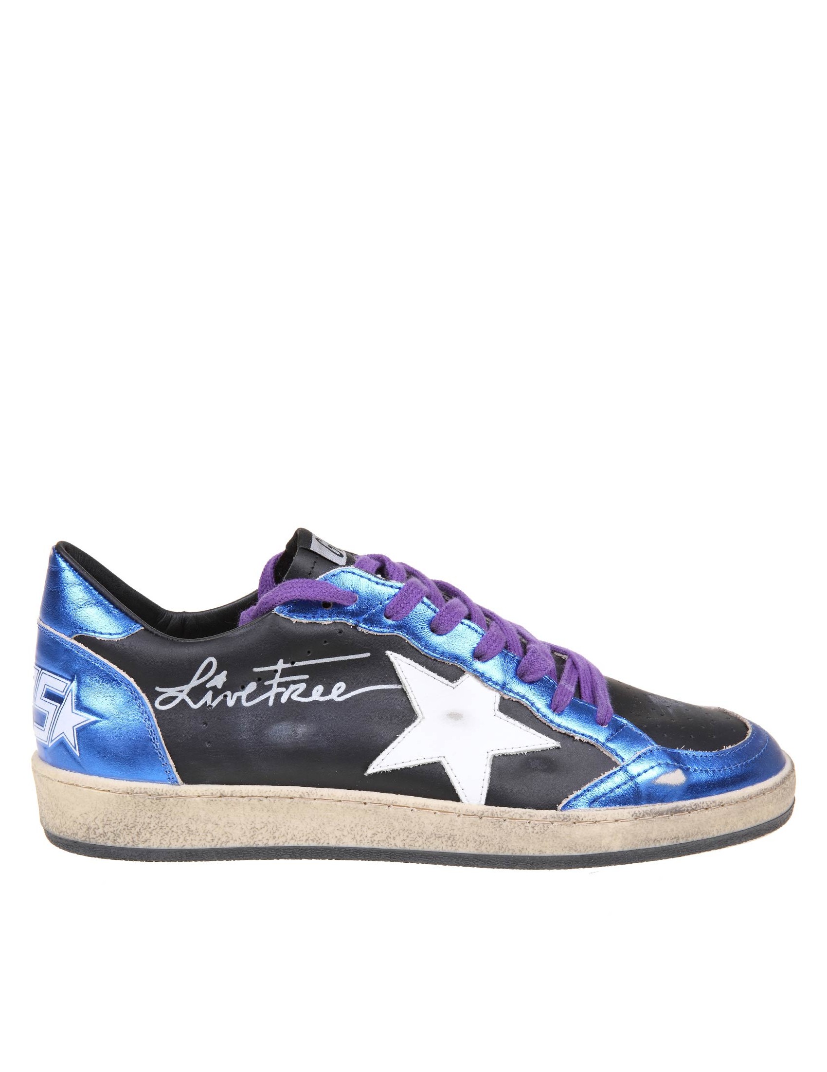 GOLDEN GOOSE BALL STAR IN BLACK AND BLUE LAMINATED LEATHER