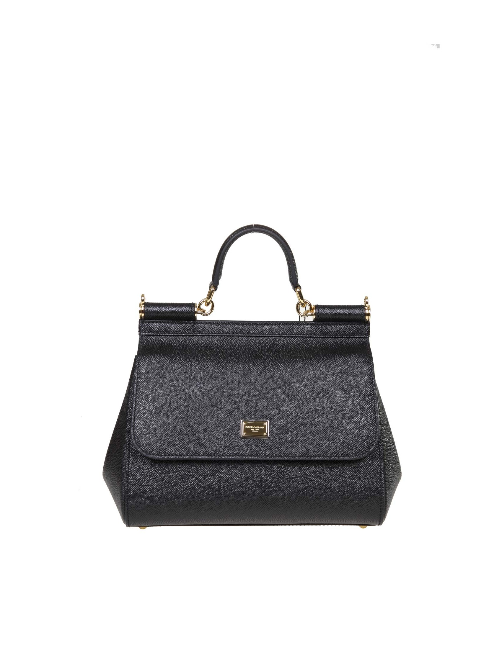 DOLCE & GABBANA SMALL SICILY BAG IN BLACK DAUPHINE LEATHER