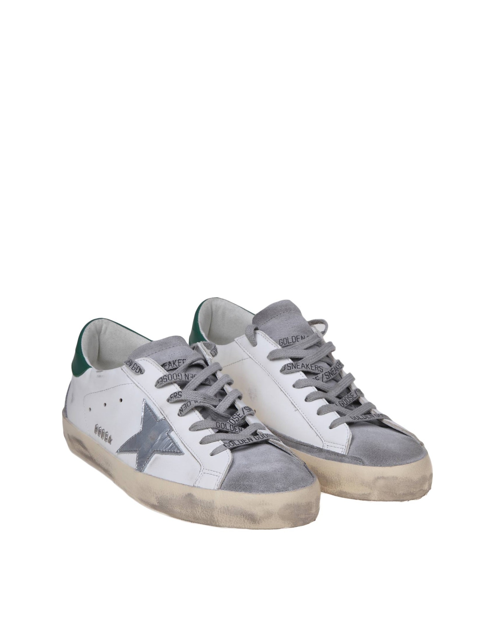 GOLDEN GOOSE SUPER-STAR SNEAKERS IN WHITE AND GREEN LEATHER AND SUEDE