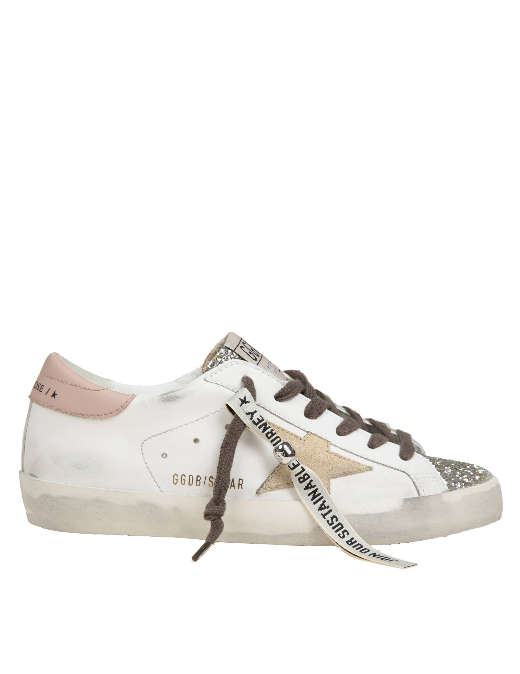 GOLDEN GOOSE SUPER STAR IN PELLE E GLITTER COLORE BIANCO/PLATINO