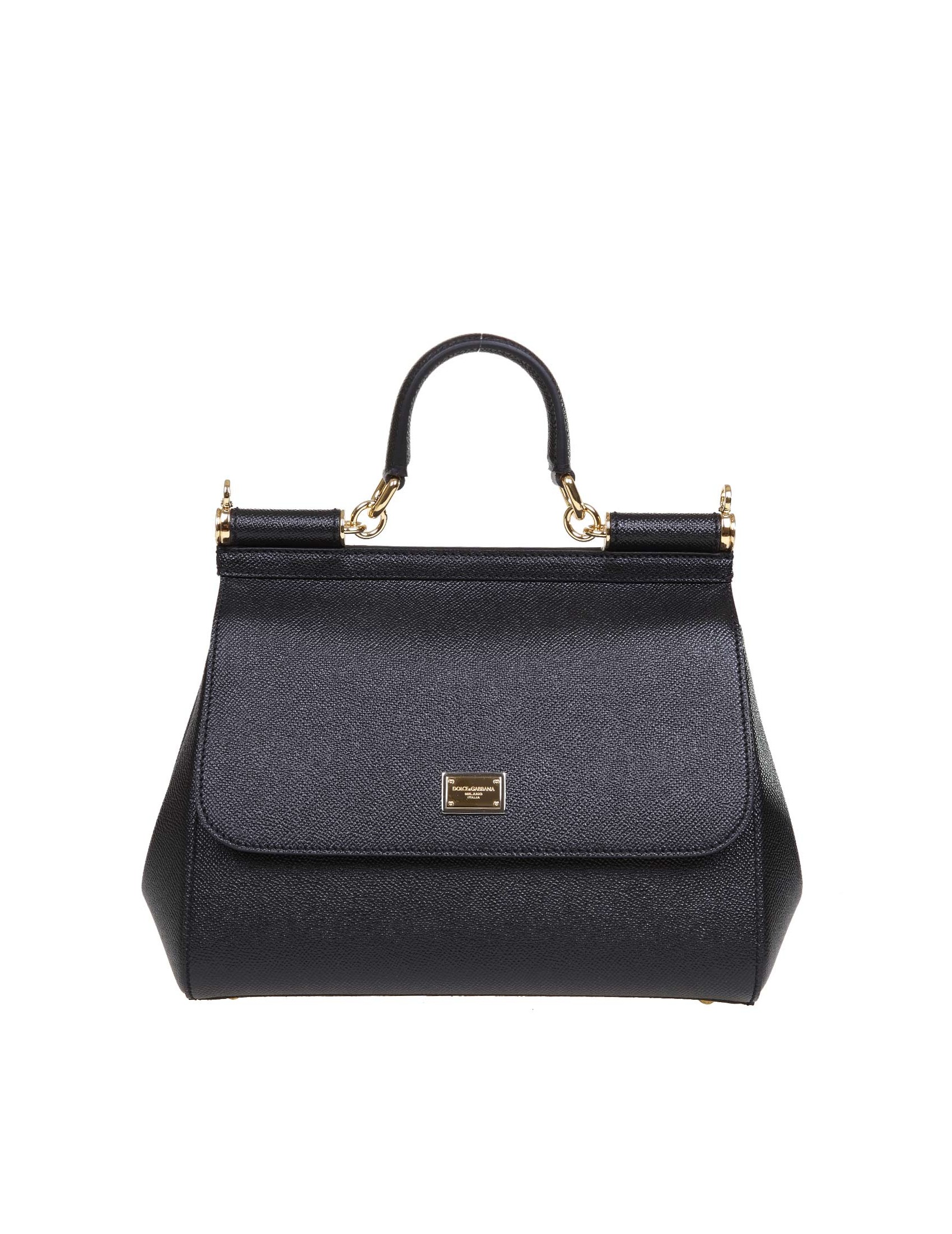 DOLCE & GABBANA MEDIUM SICILY BAG IN DAUPHINE LEATHER COLOR BLACK