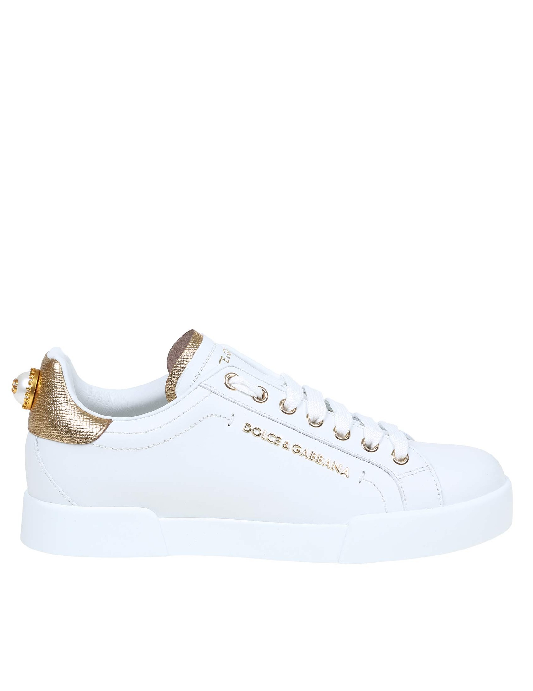 DOLCE & GABBANA SNEAKERS PORTOFINO IN PELLE COLORE BIANCO CON PERLA LOGATA