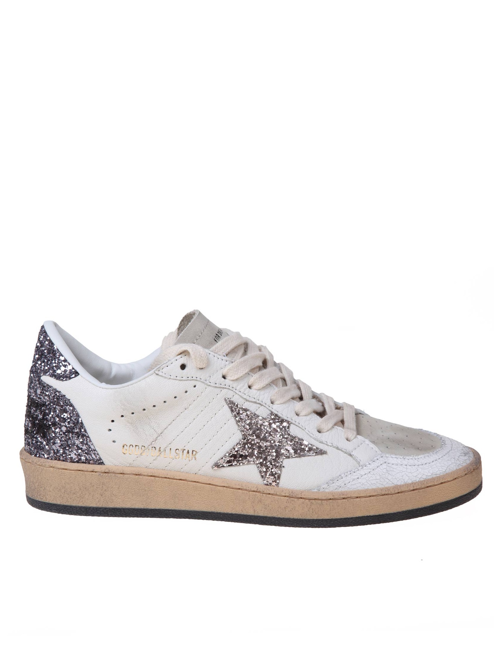 GOLDEN GOOSE BALLSTAR IN WHITE LEATHER WITH GLITTER STAR