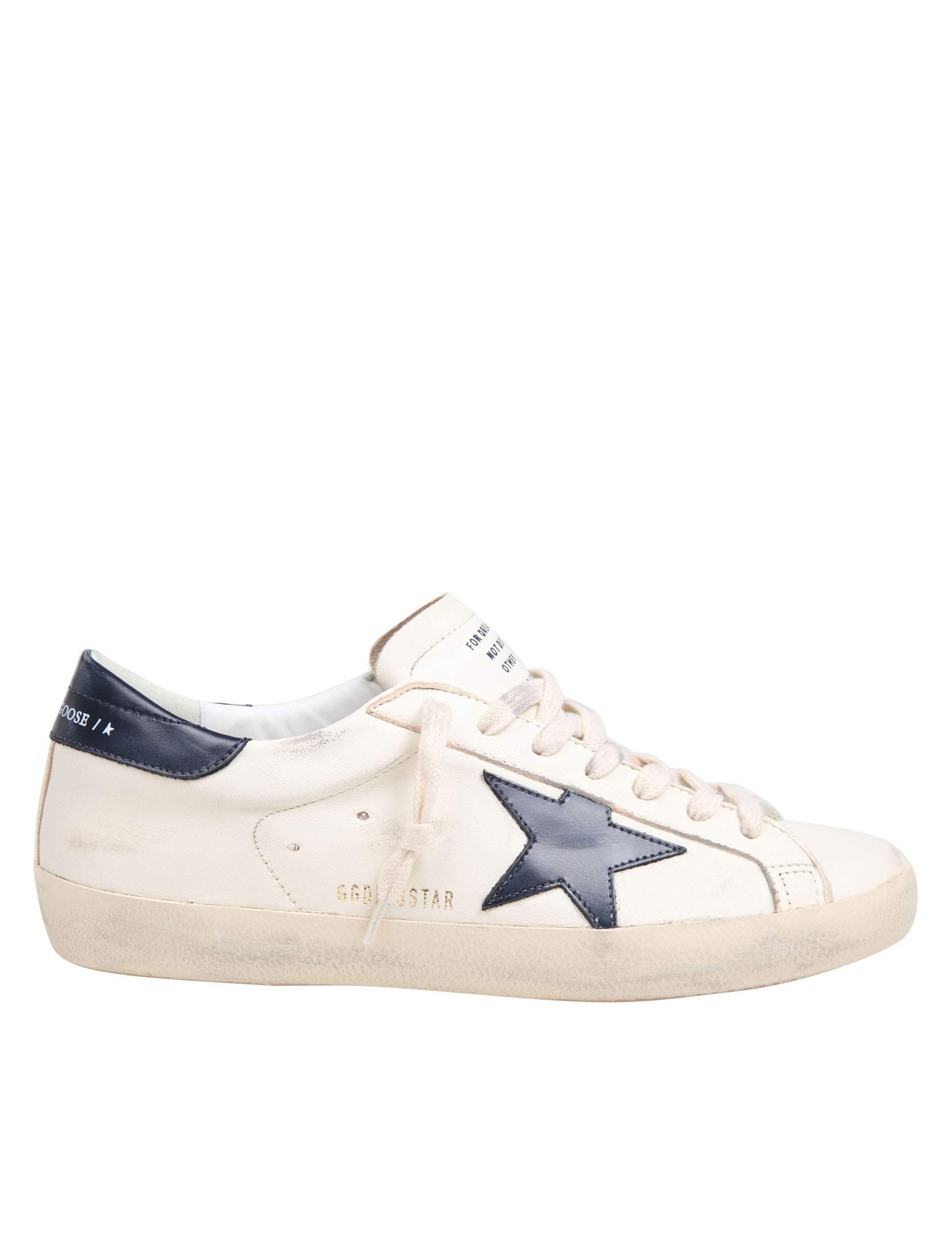 GOLDEN GOOSE SUPER-STAR SNEAKERS IN BEIGE AND MIDNIGHT BLUE LEATHER