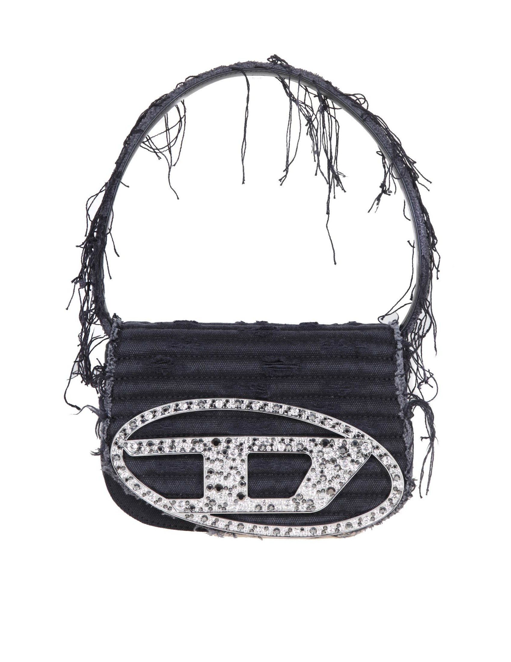 DIESEL 1DR BAG IN BLACK CANVAS WITH APPLIED CRYSTALS