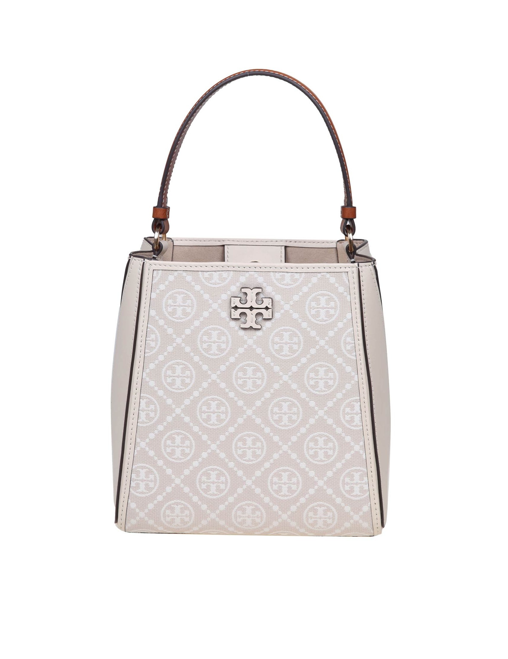 TORY BURCH MCGRAW SMALL BUCKET BAG IN IVORY COLOR MONOGRAM FABRIC