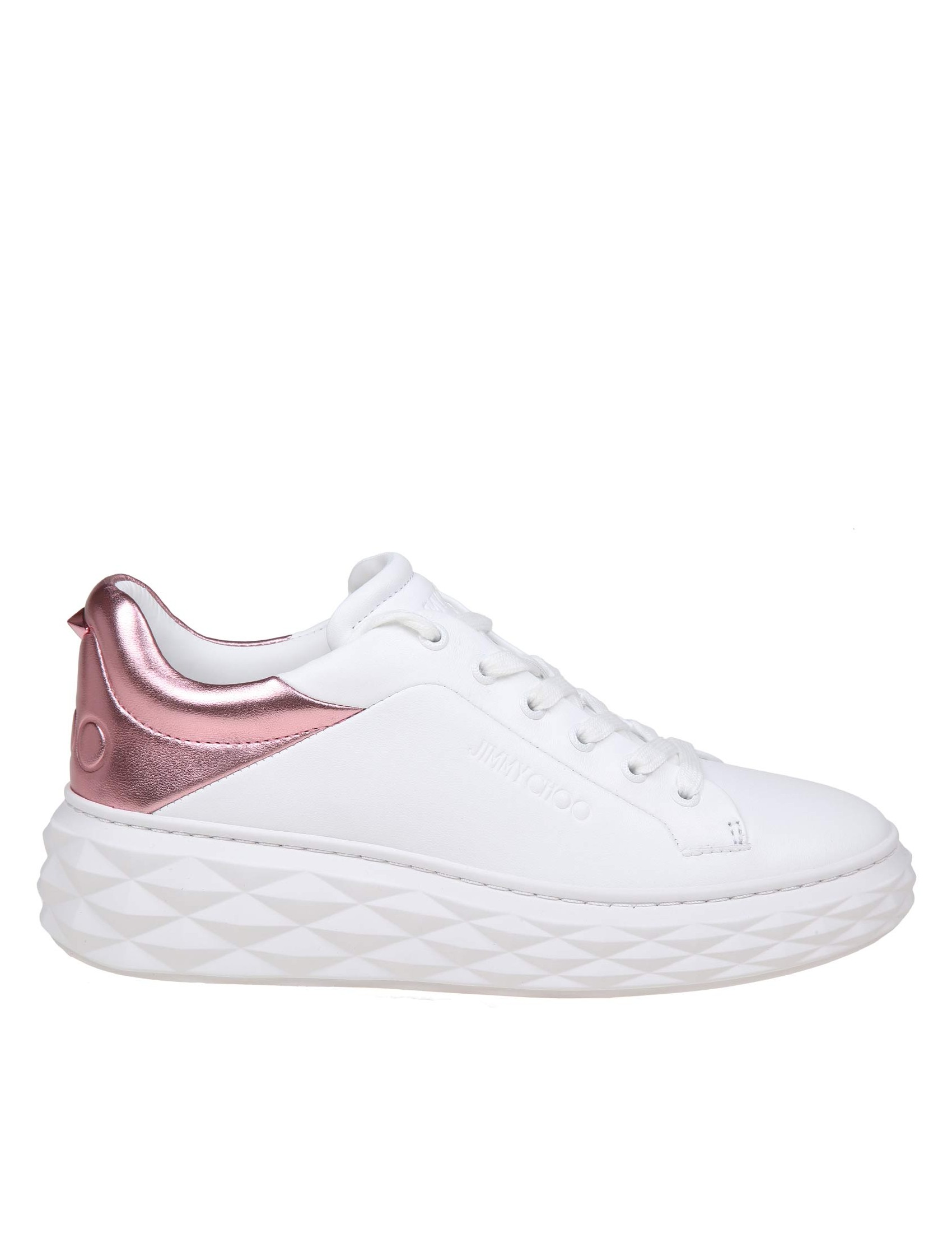JIMMY CHOO DIAMOND MAXI SNEAKERS IN WHITE AND PINK LEATHER