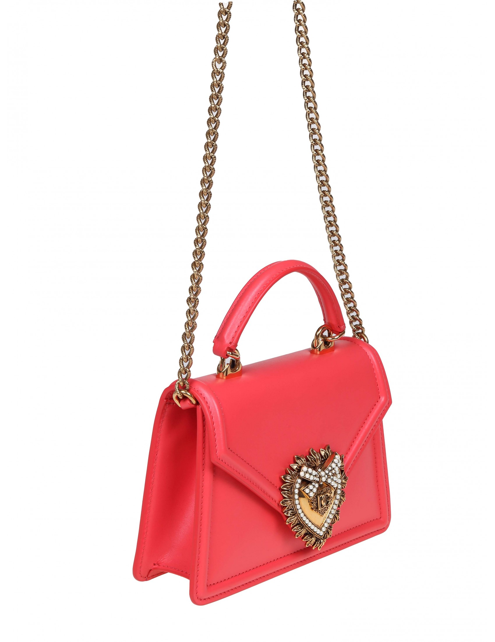 DOLCE GABBANA SMALL DEVOTION HANDBAG IN CORAL LEATHER