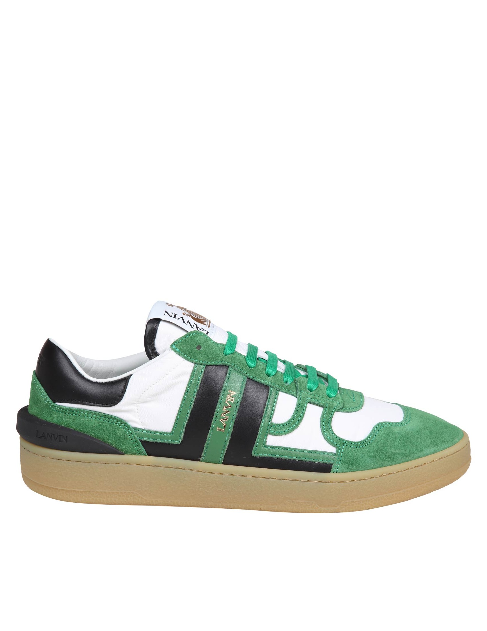 CLAY LOW TOP SNEAKERS IN LEATHER AND NYLON, GREEN/BLACK COLOR