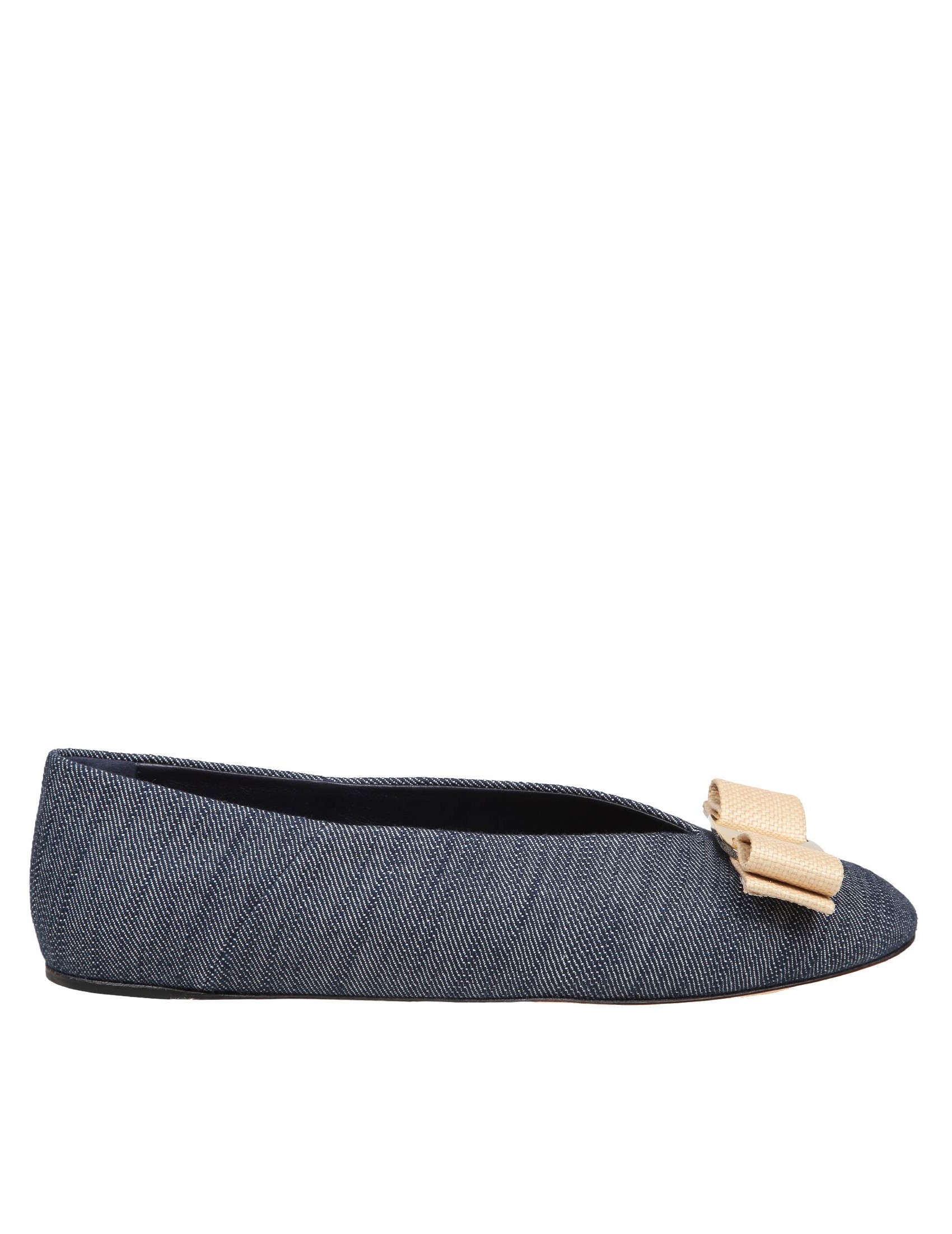 FERRAGAMO VANNA BALLERINA IN DENIM WITH VARA BOW