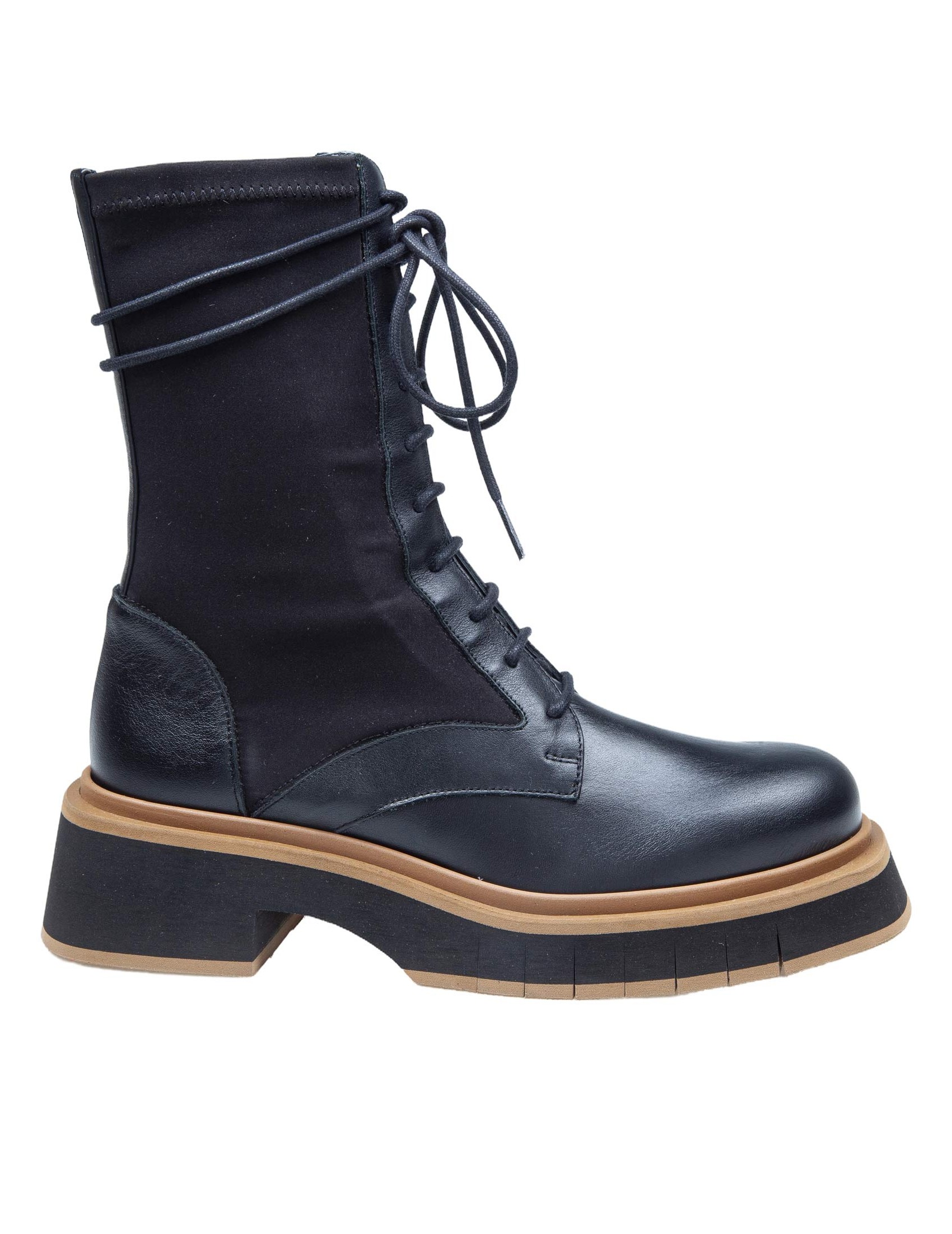 PALOMA BARCELO' BLACK LEATHER AND STRETCH FABRIC ANKLE BOOTS