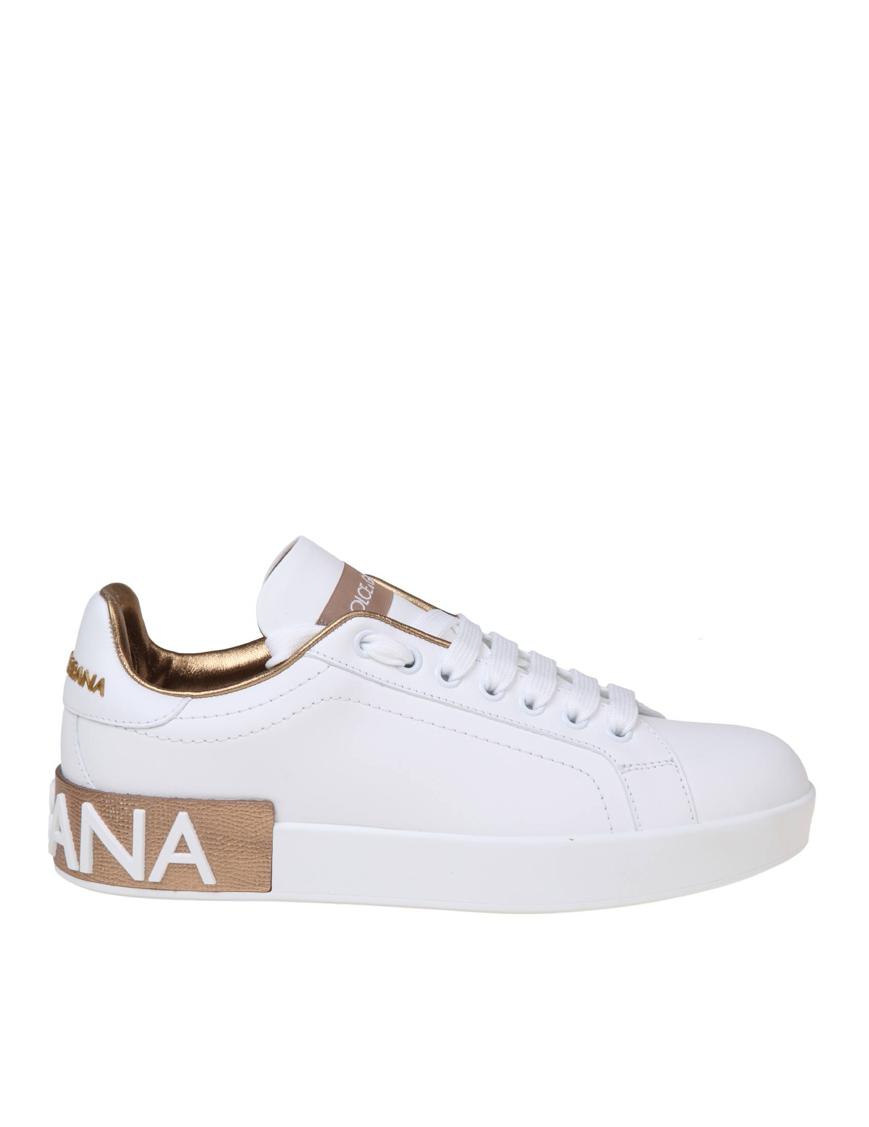 DOLCE & GABBANA PORTOFINO SNEAKERS IN WHITE AND GOLD LEATHER