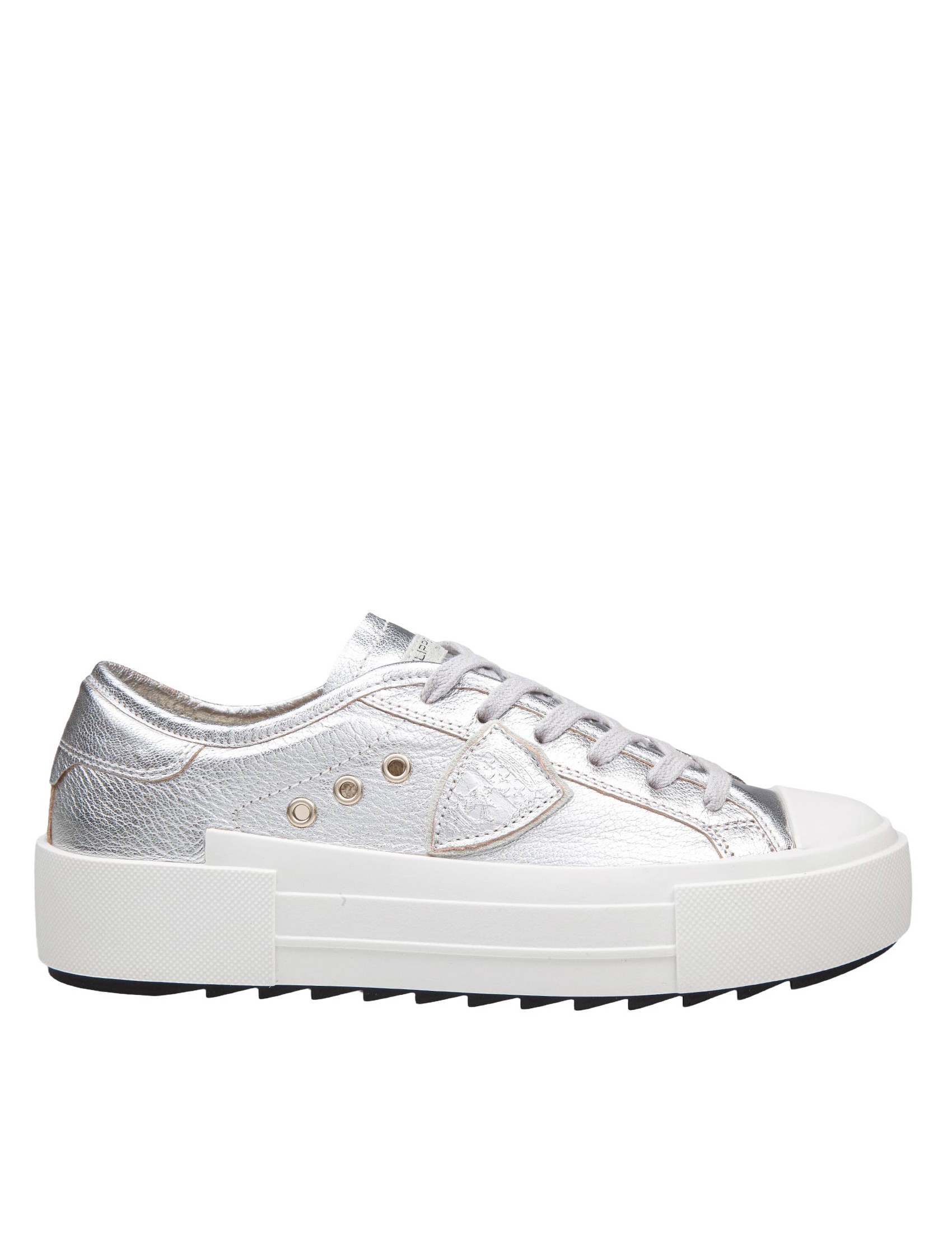 PHILIPPE MODEL SNEAKERS PARIS HAUTE LOW IN PELLE LAMINATA COLORE ARGENTO