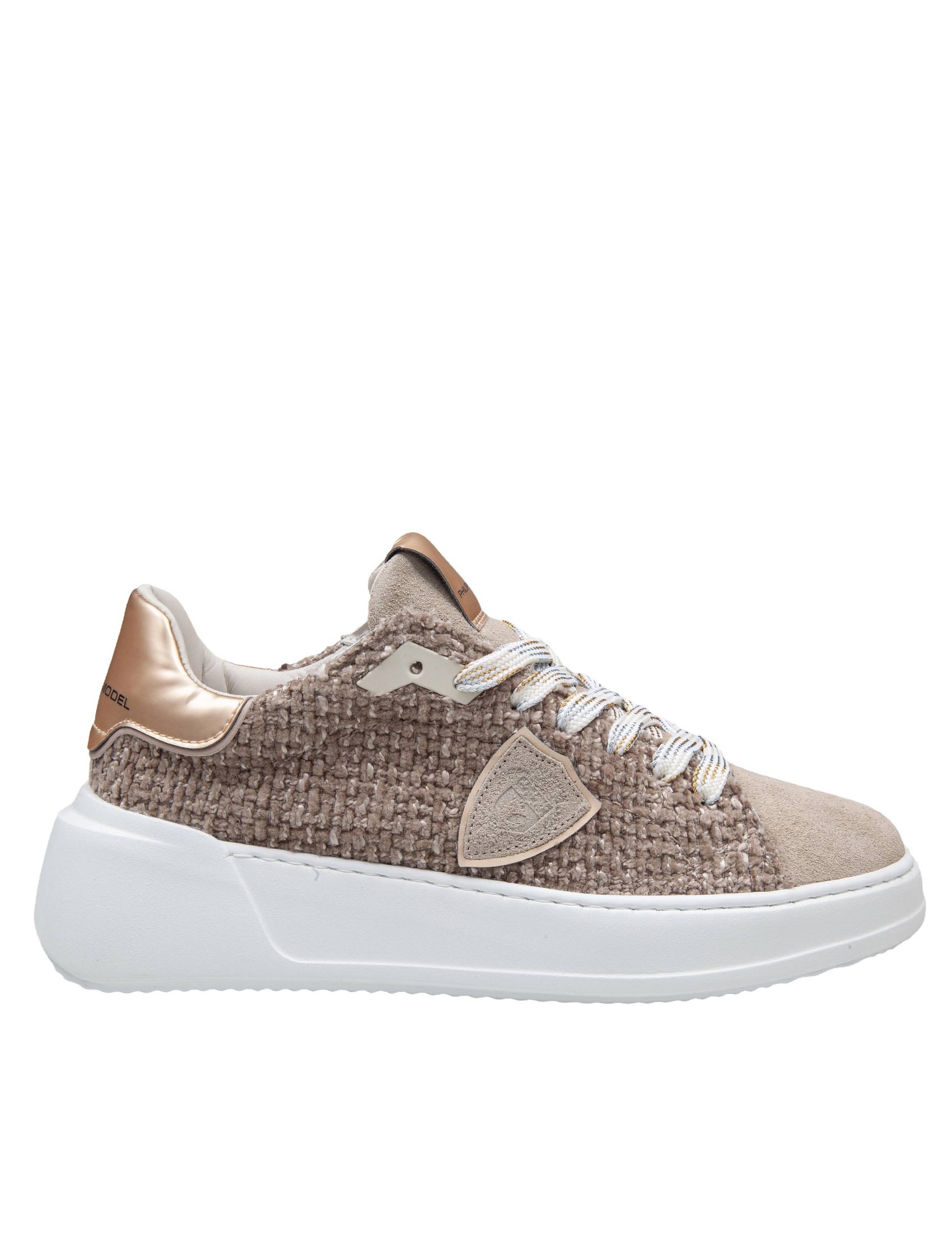 PHILIPPE MODEL SNEAKERS TRES TEMPLE LOW IN CAMOSCIO E CINIGLIA COLORE TAUPE