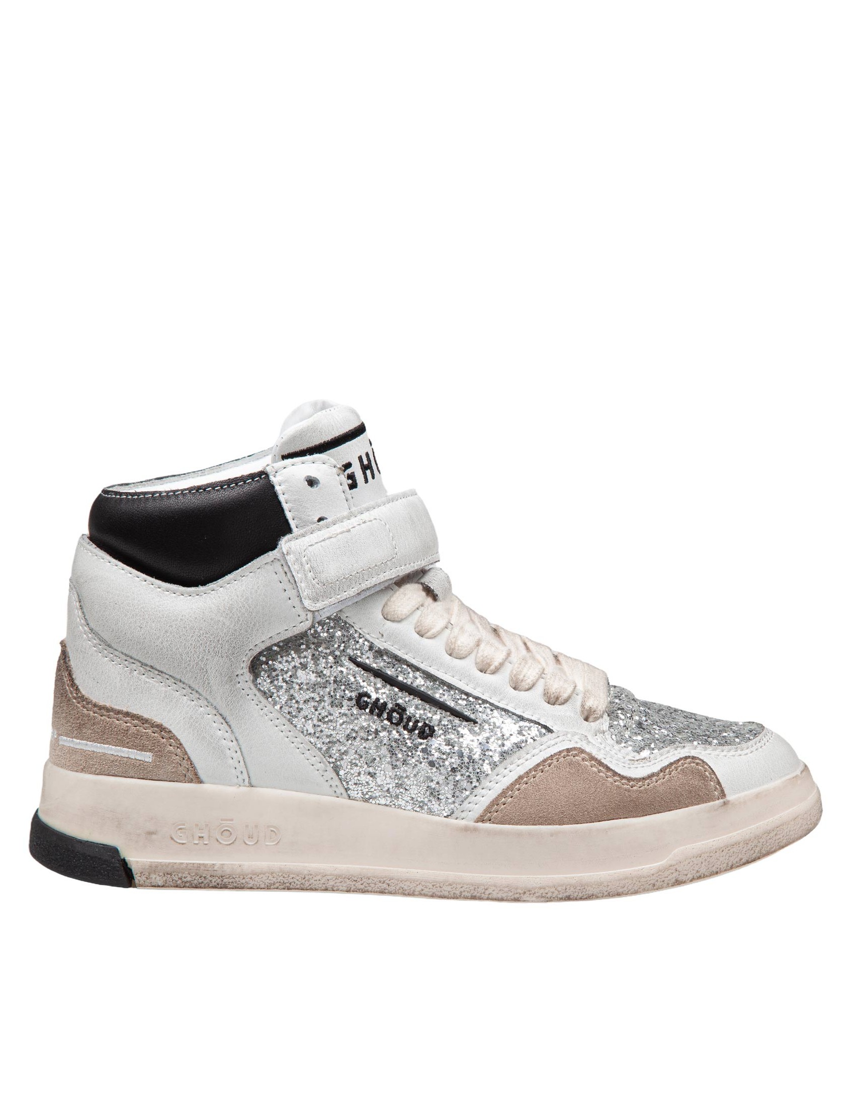 GHOUD SNEAKERS TWEENER MID IN LEATHER WITH SILVER GLITTER