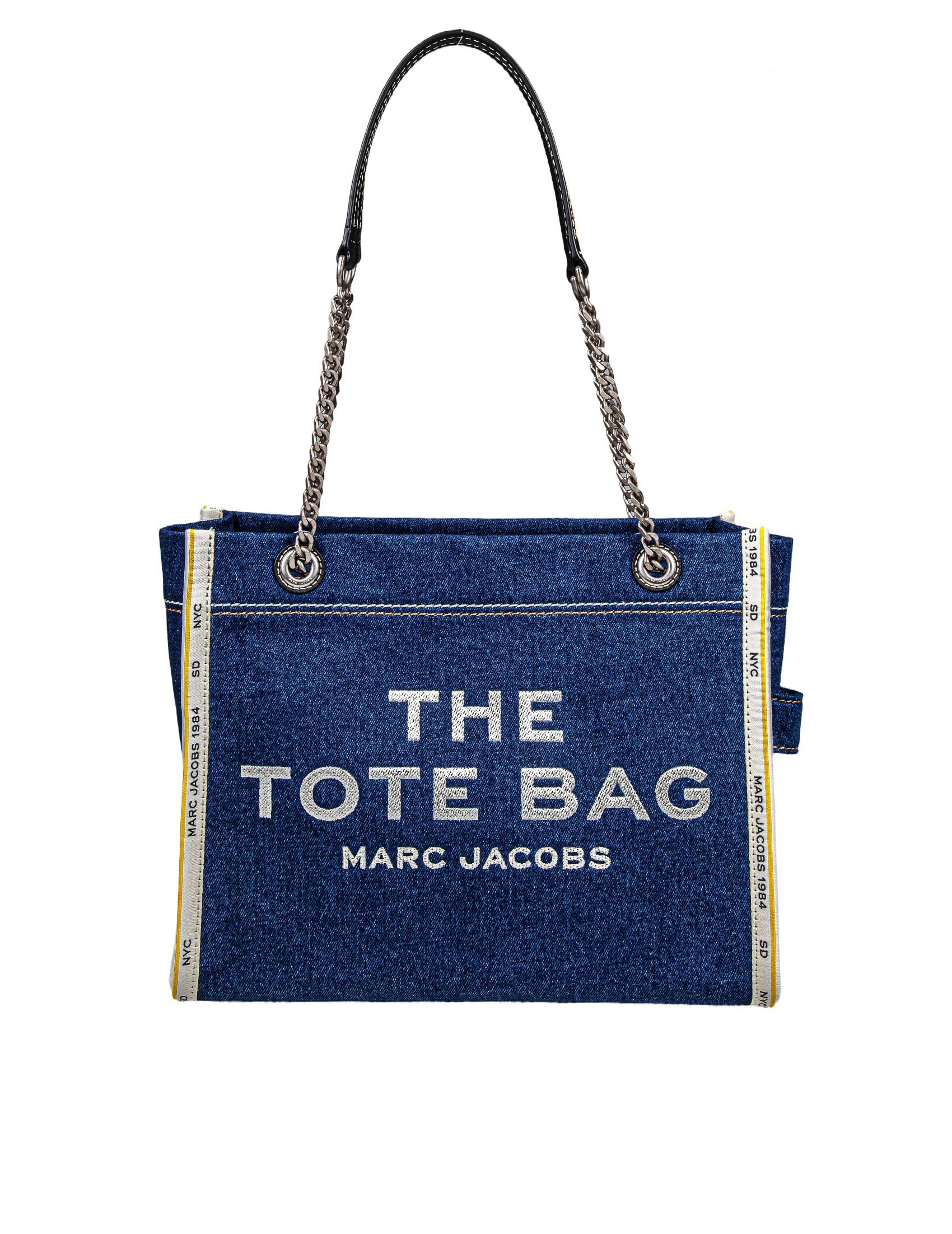 MARC JACOBS THE MEDIUM TOTE IN BLUE DENIM WITH EMBROIDERED LOGO