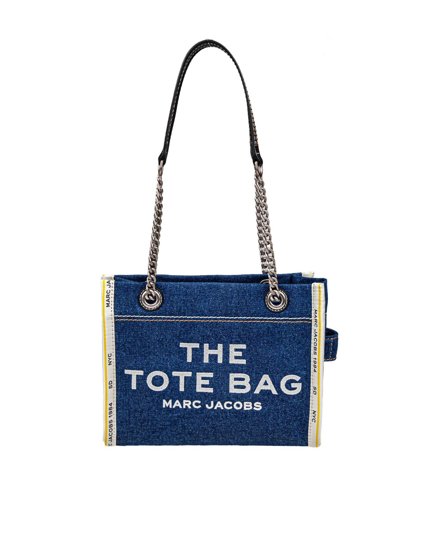 MARC JACOBS THE SMALL TOTE IN BLUE DENIM WITH EMBROIDERED LOGO