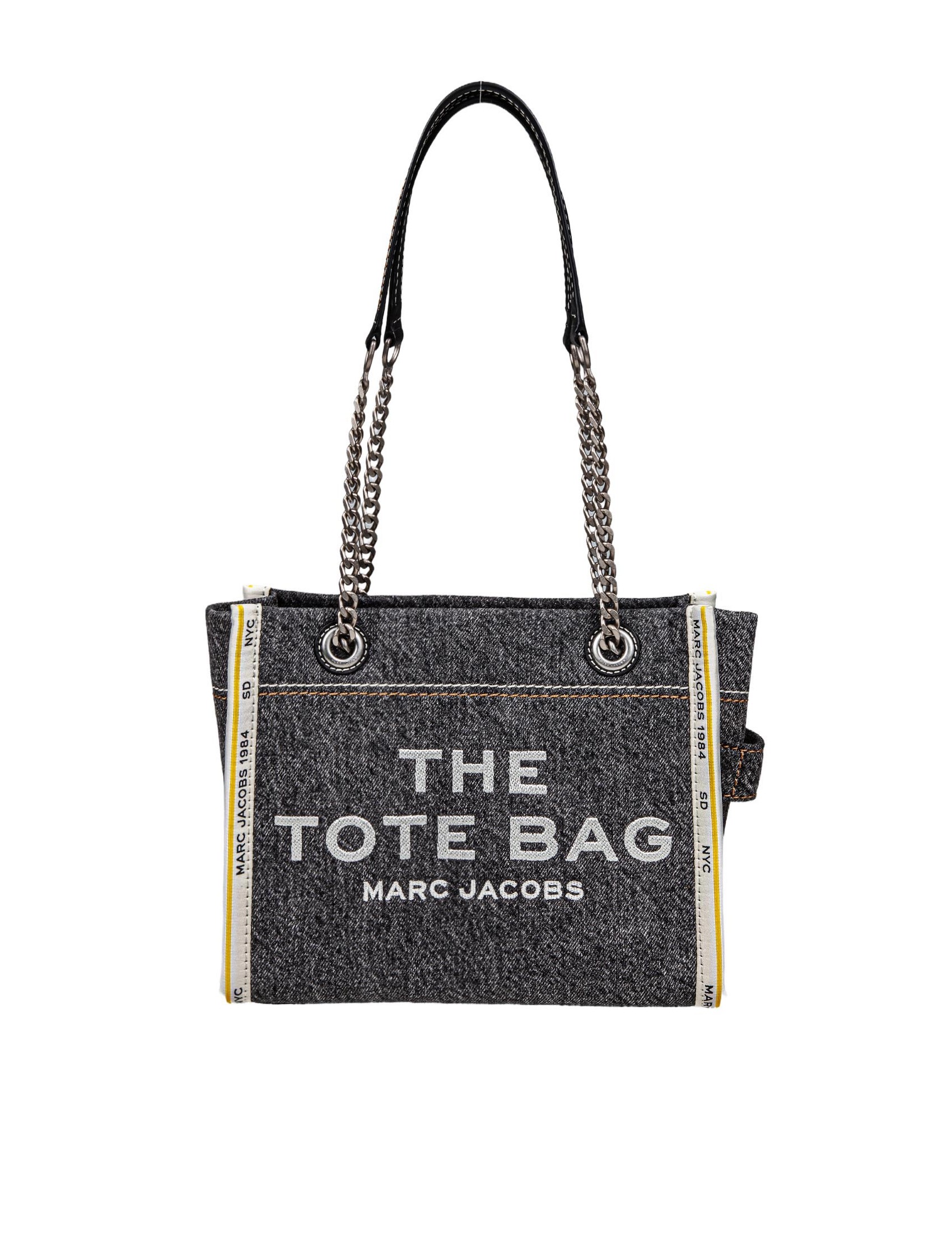 MARC JACOBS THE SMALL TOTE IN DENIM BLACK CON LOGO RICAMATO