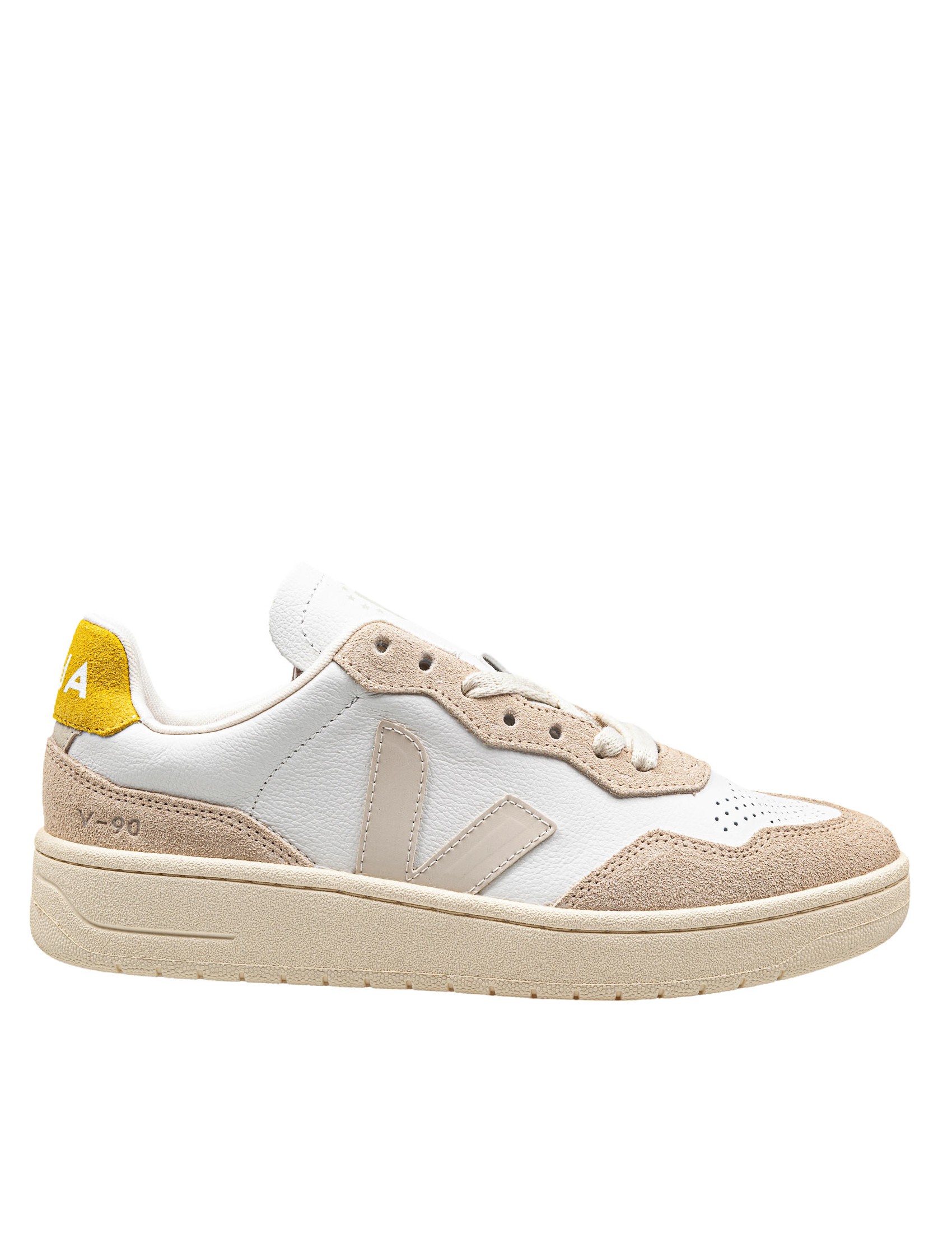 VEJA SNEAKERS V 90 IN PELLE E CAMOSCIO COLORE BIANCO/GIALLO