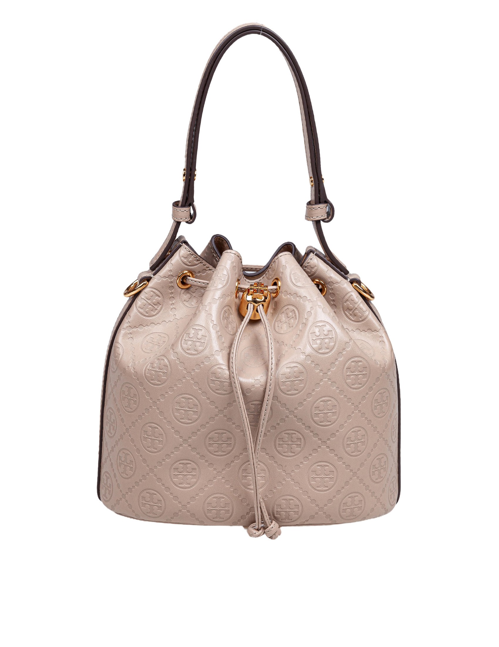 TORY BURCH MONOGRAM LEATHER BUCKET BAG CLAY COLOR