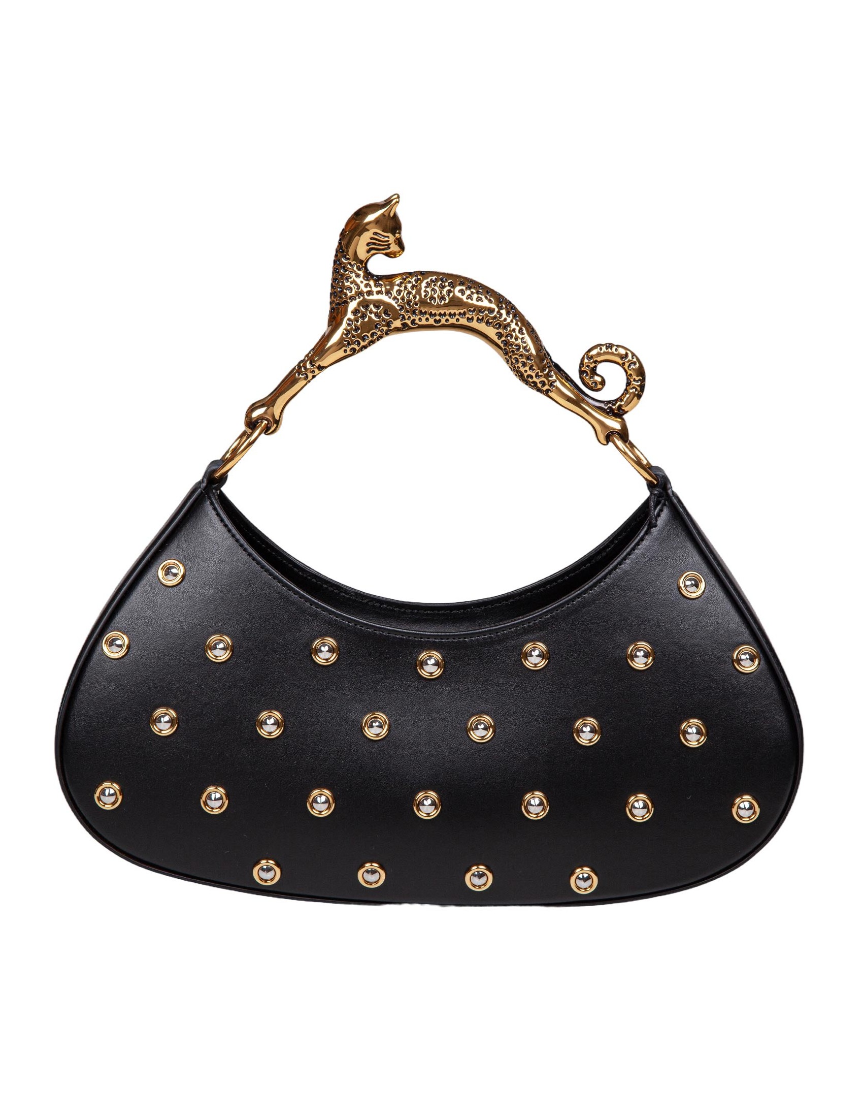 LANVIN LARGE HOBO CAT BAG IN BLACK LEATHER WITH APPLIED STUDS