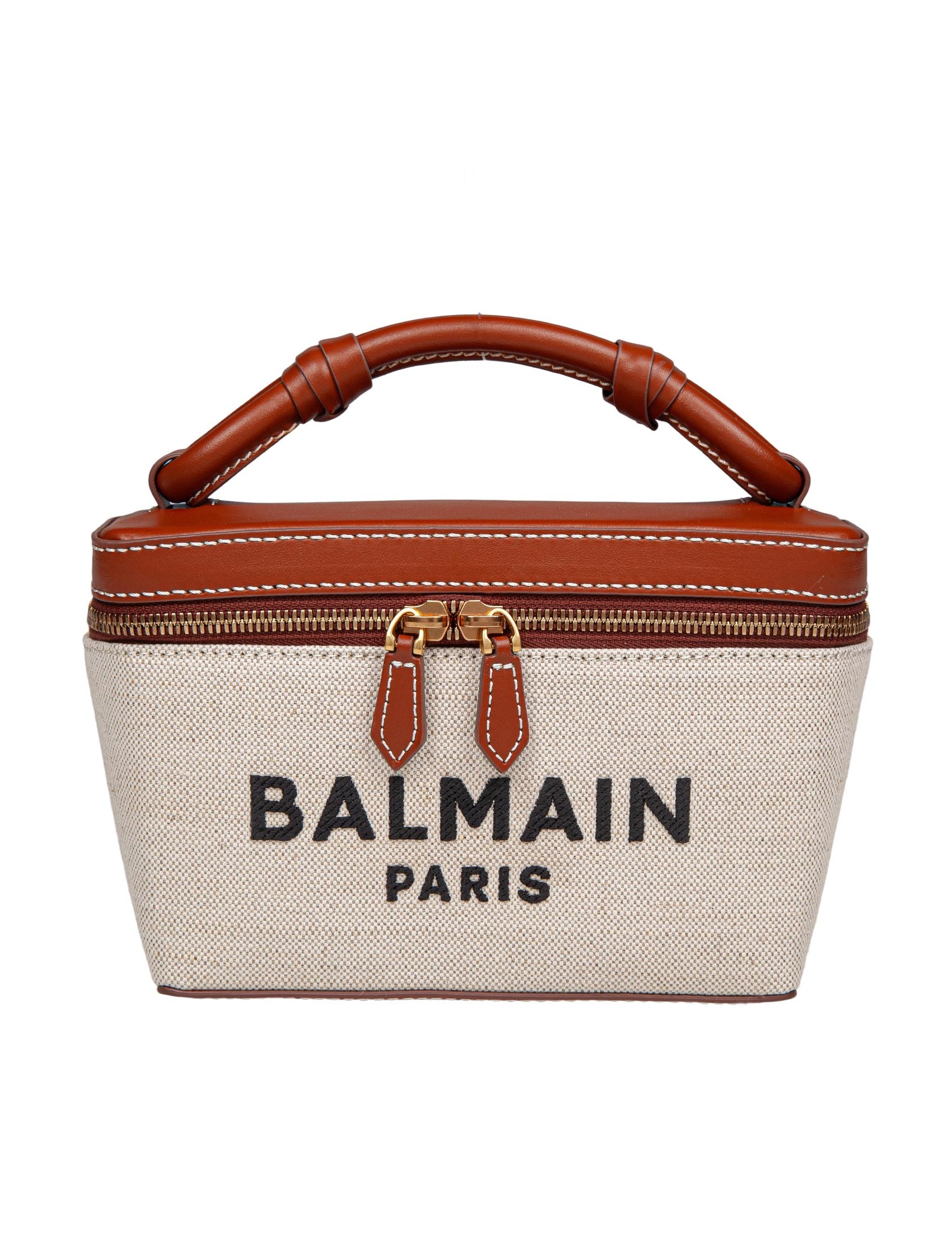 BALMAIN BORSA VANITY B-ARMY IN TESSUTO E PELLE COLORE NATURALE E CUOIO