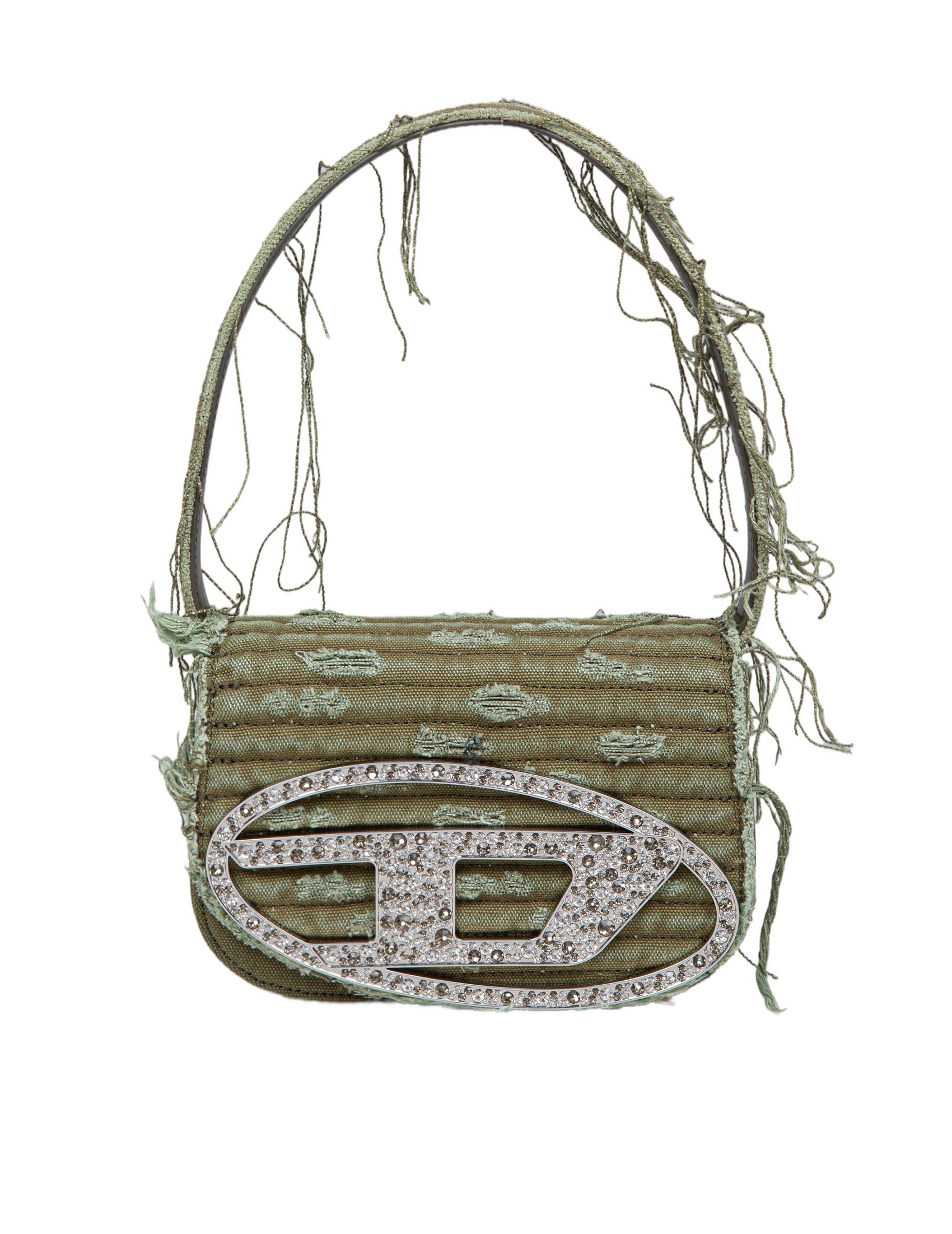 DIESEL 1DR BAG IN BLACK CANVAS WITH APPLIED CRYSTALS COLOR GREEN