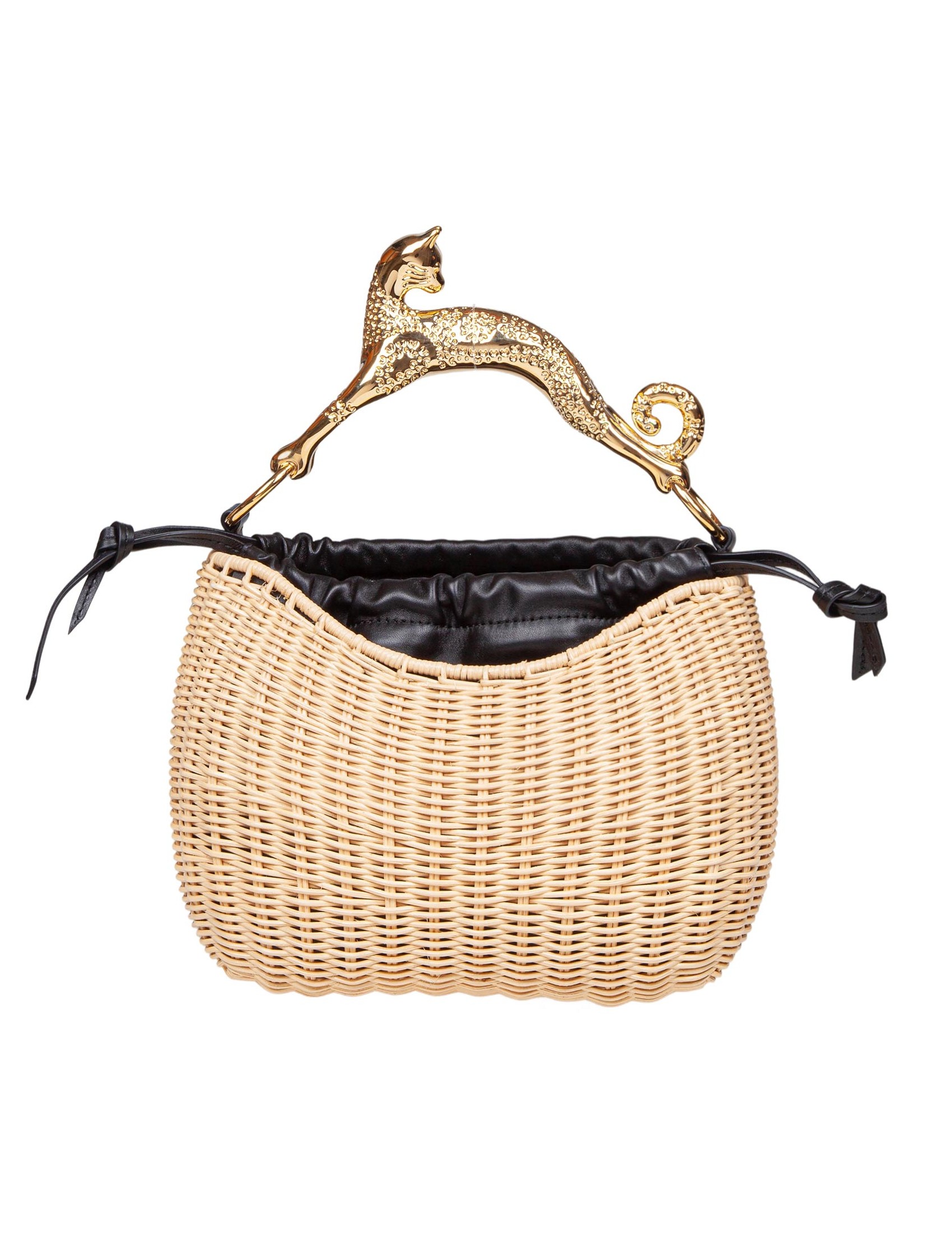 LANVIN LARGE HOBO BAG IN RAFFIA AND LEATHER WITH CAT HANDLE