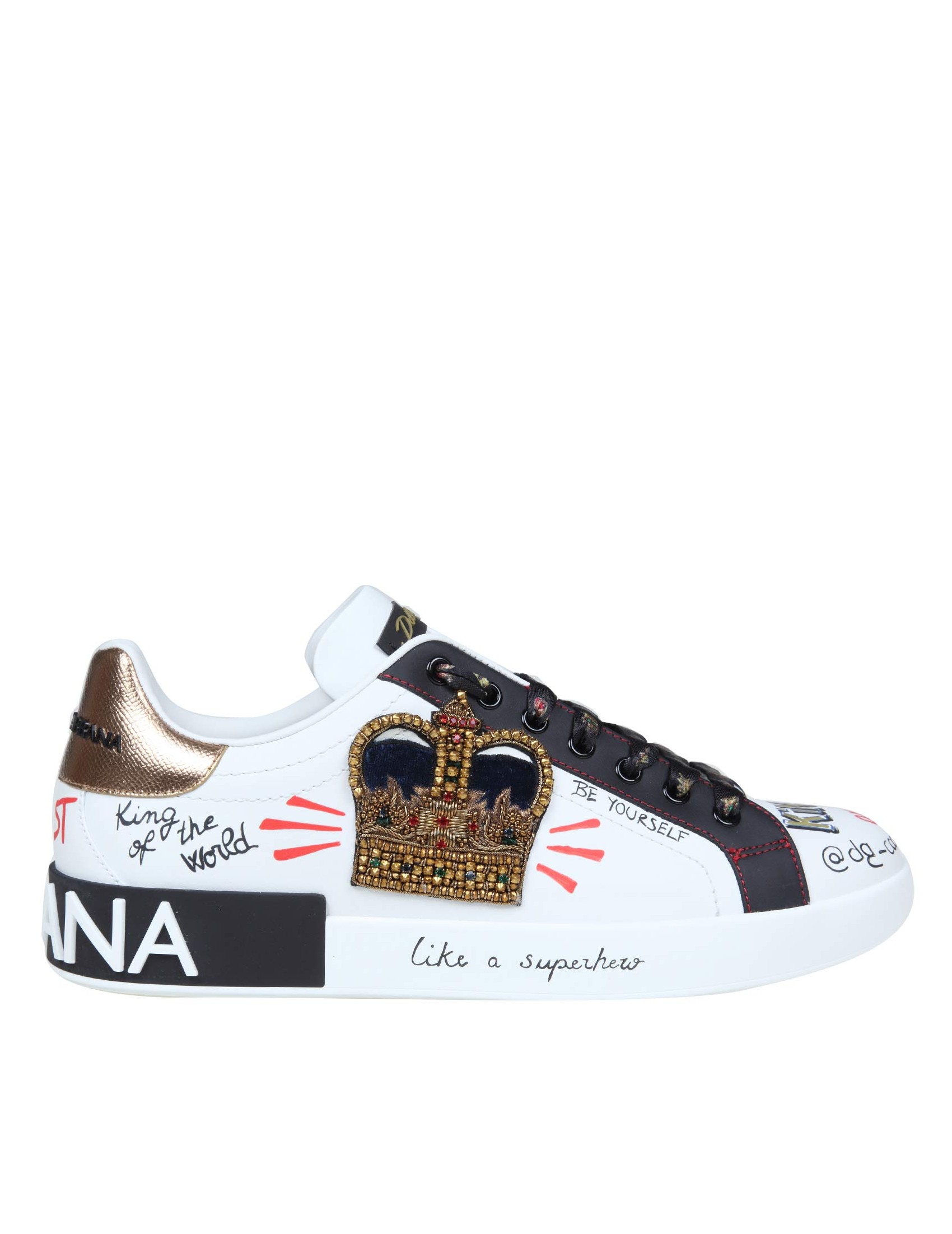 DOLCE & GABBANA PORTOFINO SNEAKERS IN LEATHER WITH EMBROIDERY AND PATCH