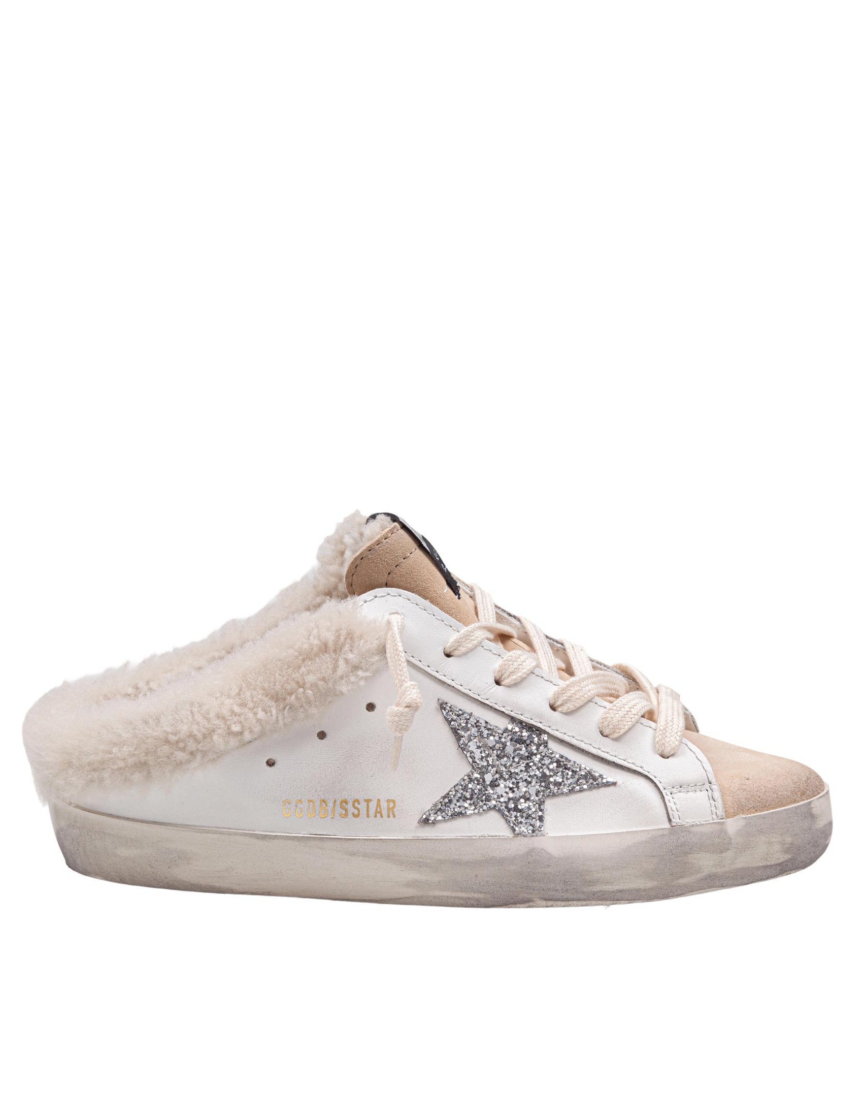 GOLDEN GOOSE SUPER STAR LEATHER SABOT WITH SILVER GLITTER STAR