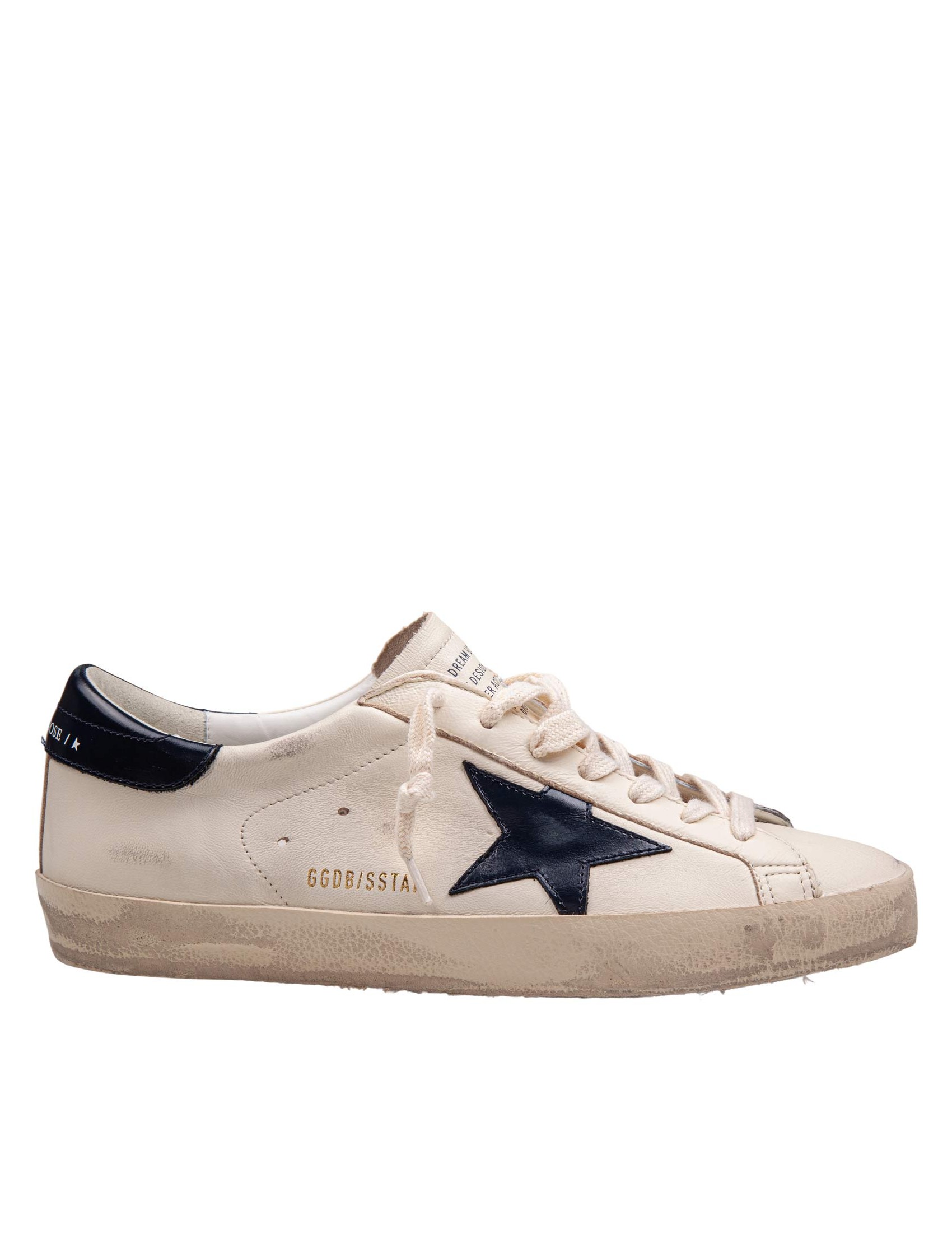 GOLDEN GOOSE SUPER-STAR SNEAKERS IN BEIGE AND MIDNIGHT BLUE LEATHER