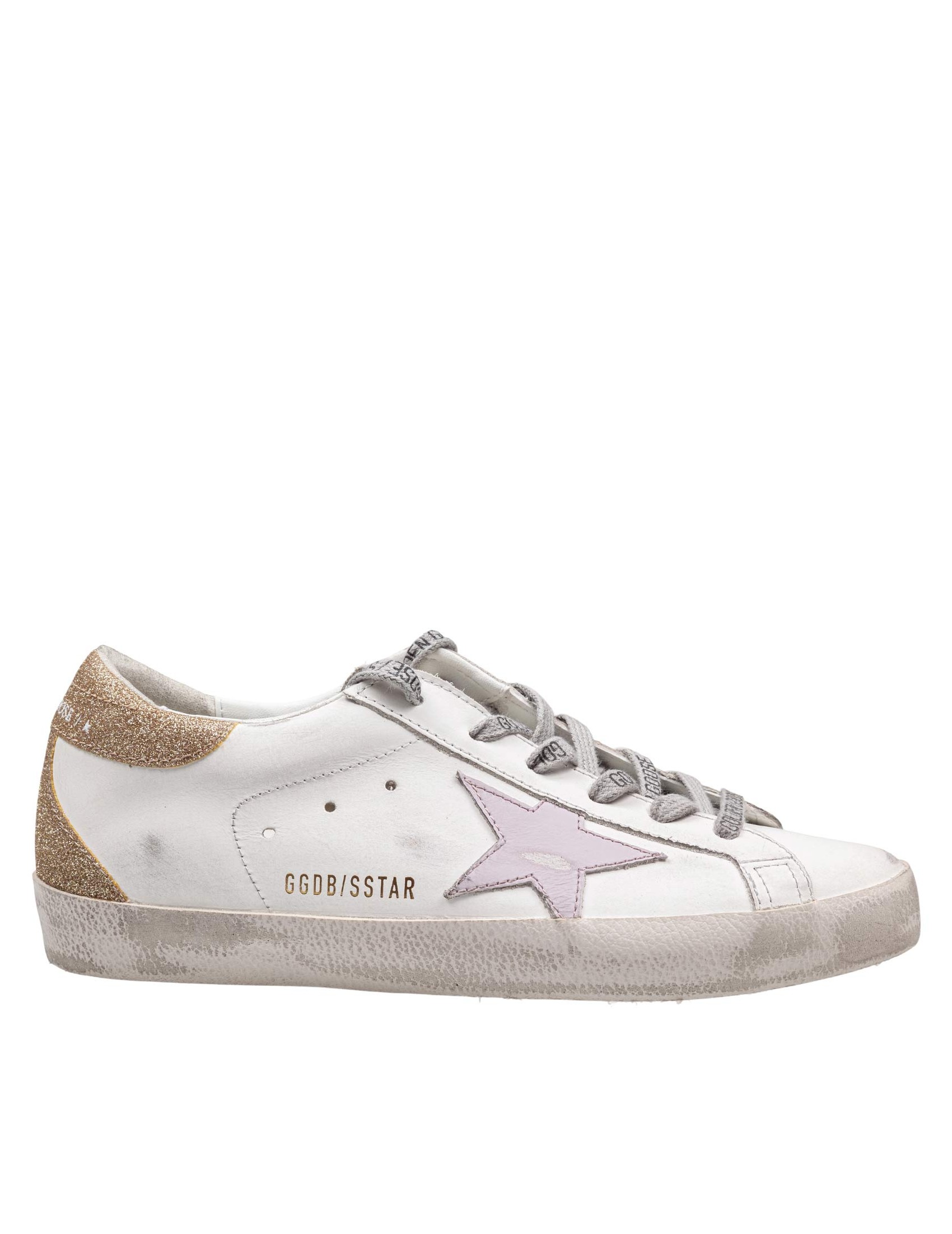 GOLDEN GOOSE SUPER STAR IN LEATHER WITH PLATINUM GLITTER HEEL