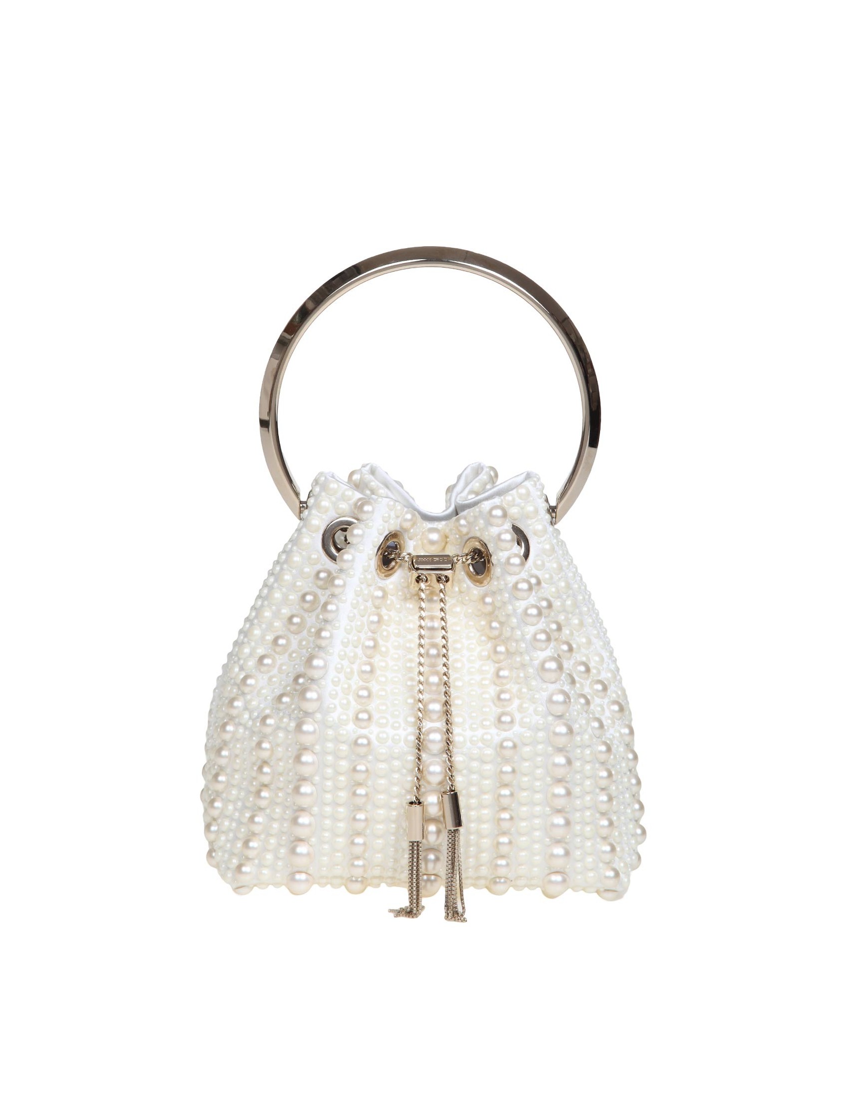 JIMMY CHOO BON BON BUCKET IN SATIN AND APPLIED PEARLS