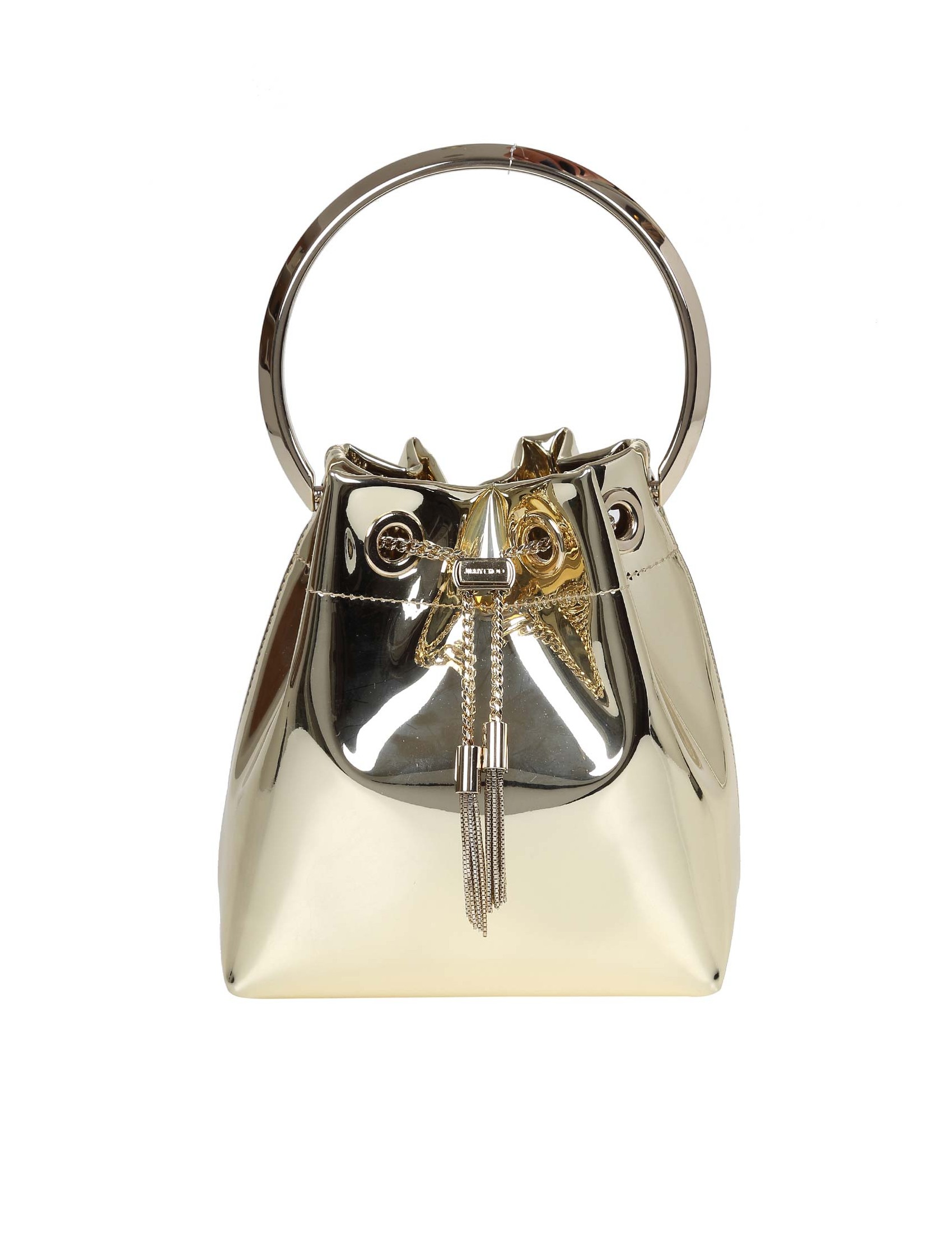 JIMMY CHOO BON BON BUCKET IN METALLIC LEATHER