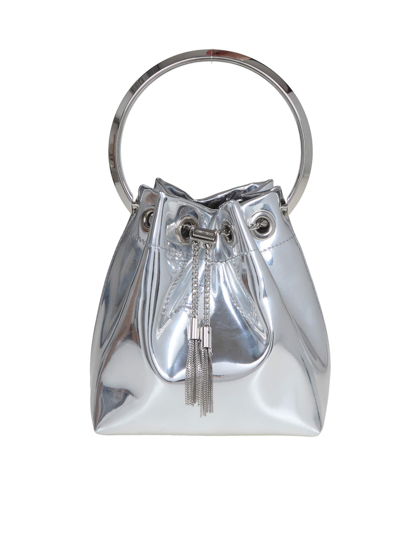 JIMMY CHOO BON BON BUCKET BAG IN SILVER METALLIC LEATHER