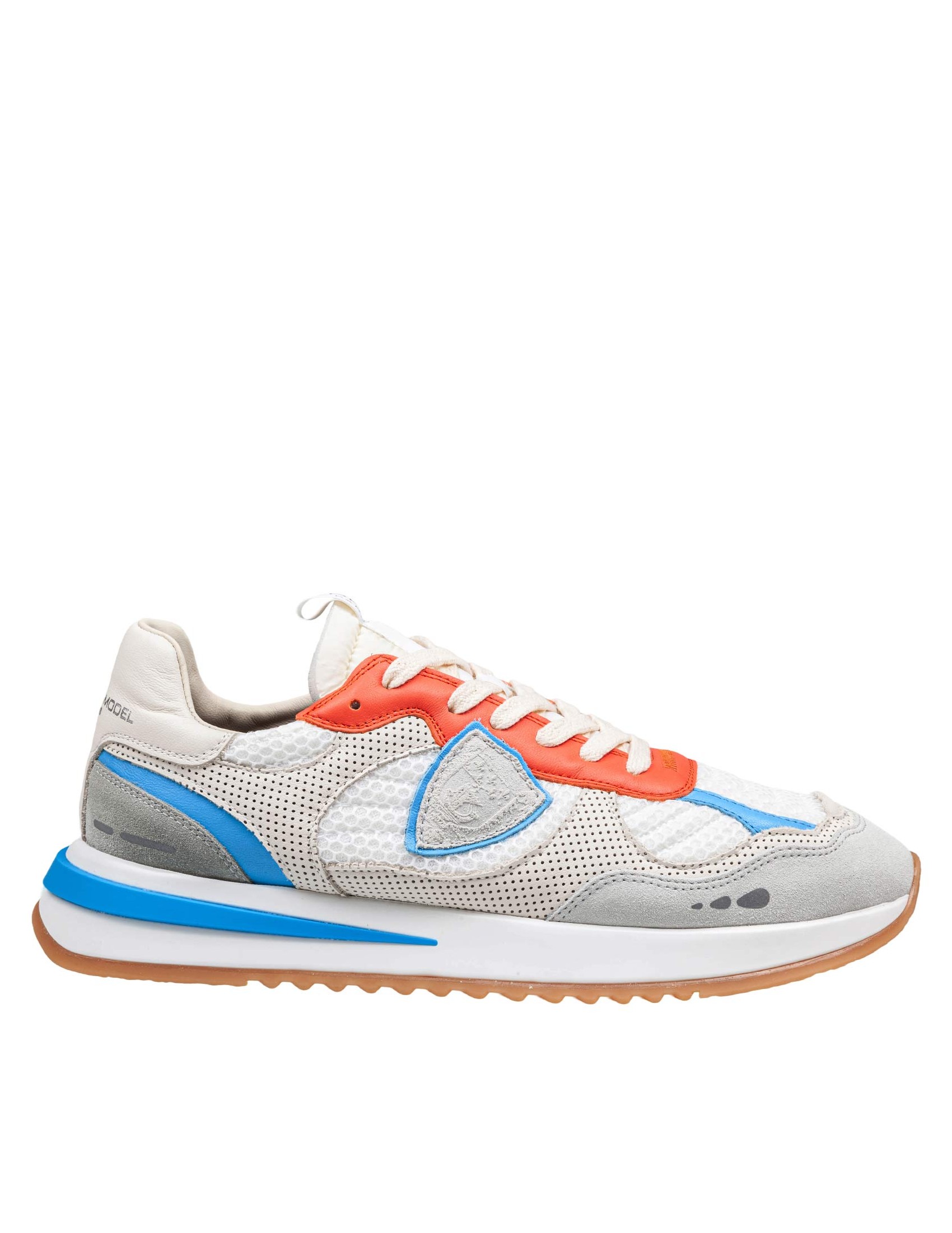 PHILIPPE MODEL OLYMPIQUE SNEAKERS IN LEATHER AND FABRIC COLOR WHITE, GREY AND ORANGE