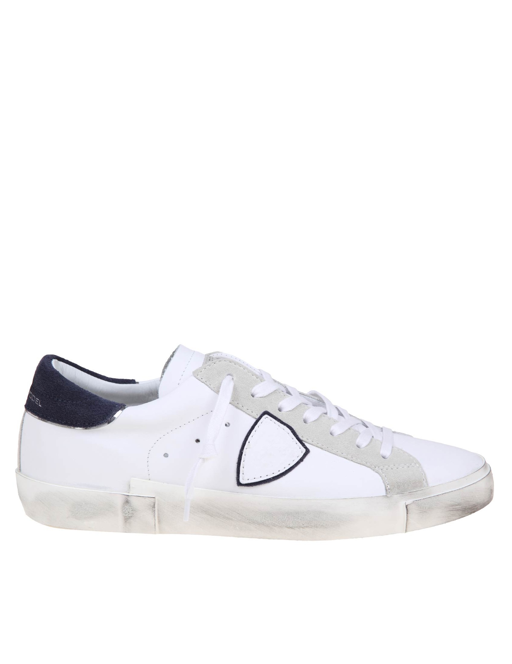 PHILIPPE MODEL PRSX LOW SNEAKERS IN WHITE/BLUE LEATHER