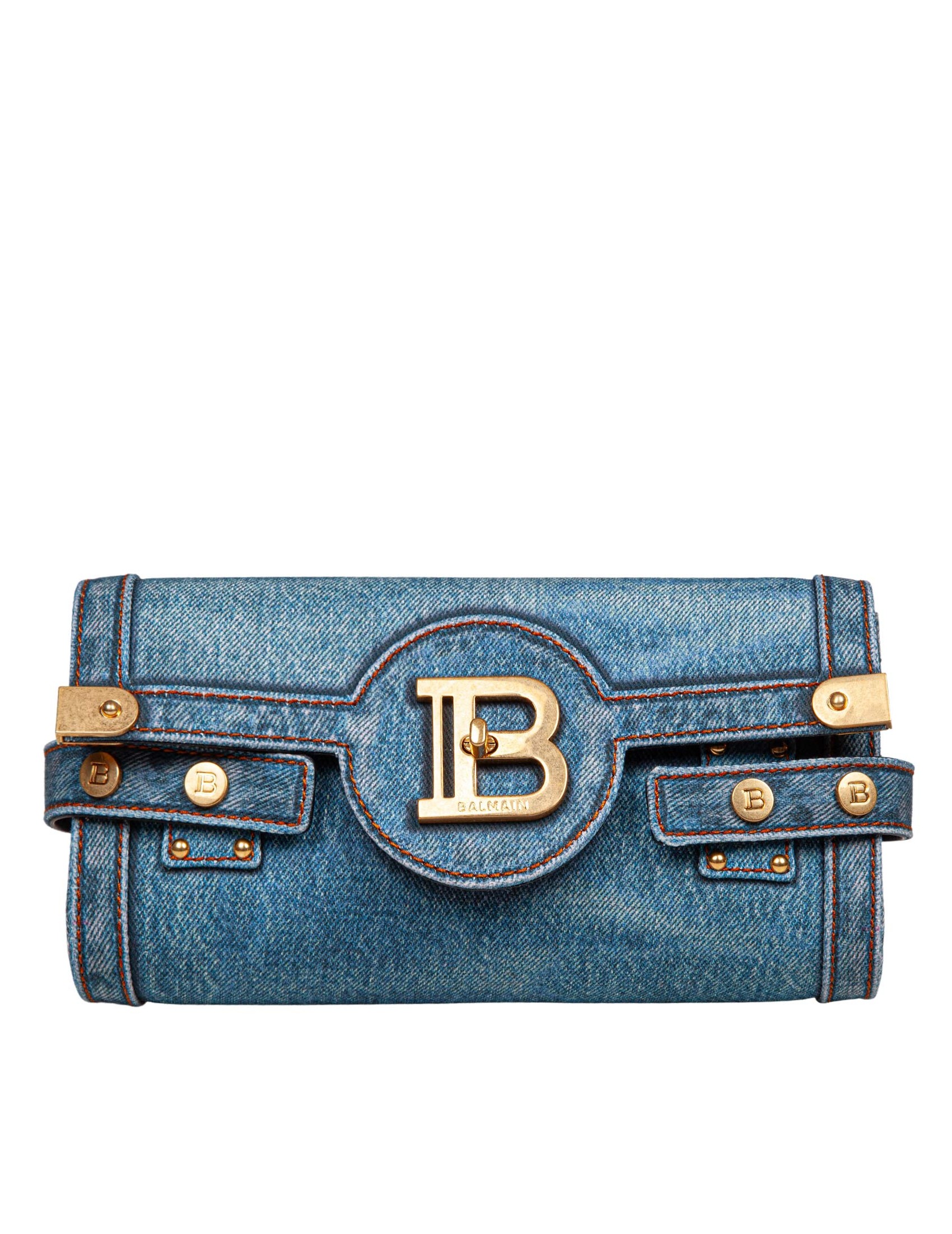 BALMAIN B-BUZZ 23 POUCH BAG IN DENIM PRINT CANVAS