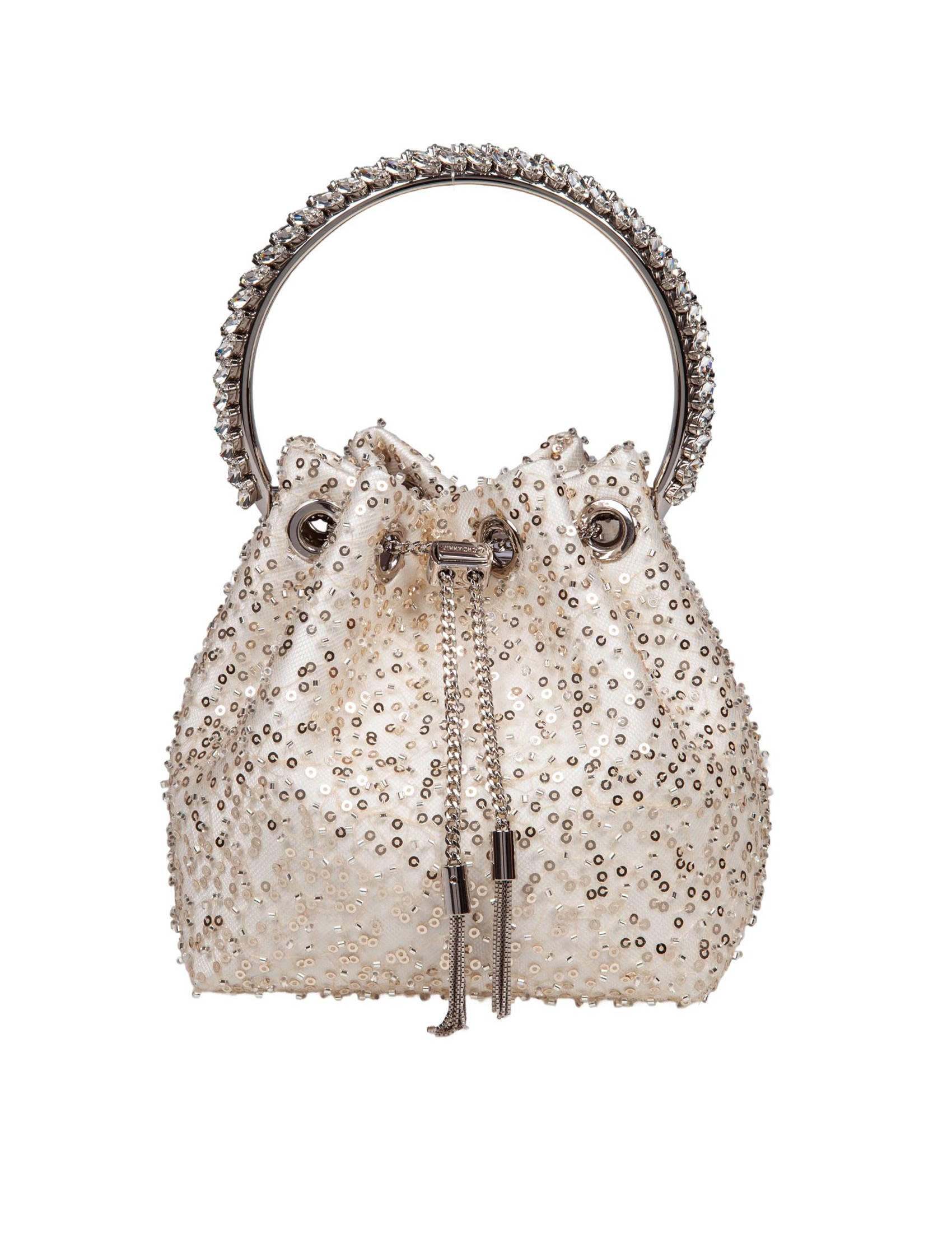 JIMMY CHOO BON BON SATIN BAG WITH MICRO NET AND APPLIED STONES