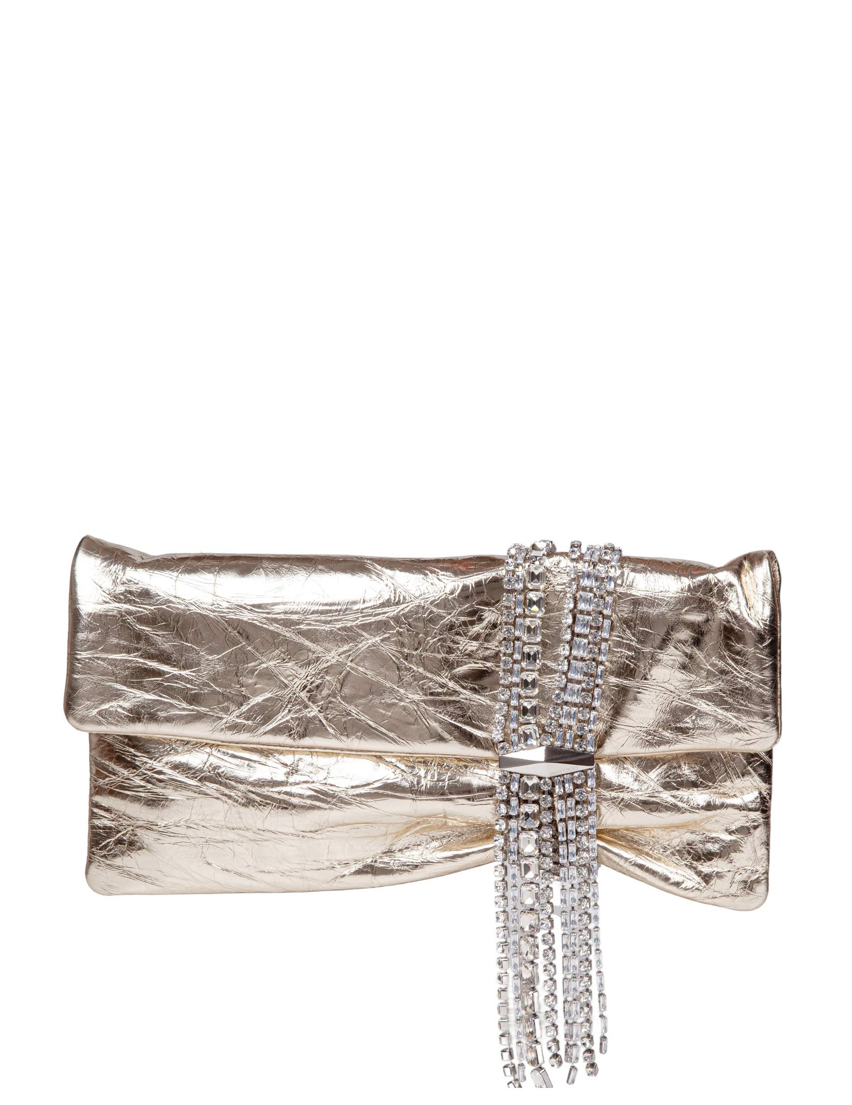 JIMMY CHOO VINTAGE EFFECT LEATHER CLUTCH BAG WITH HANGING CRYSTALS