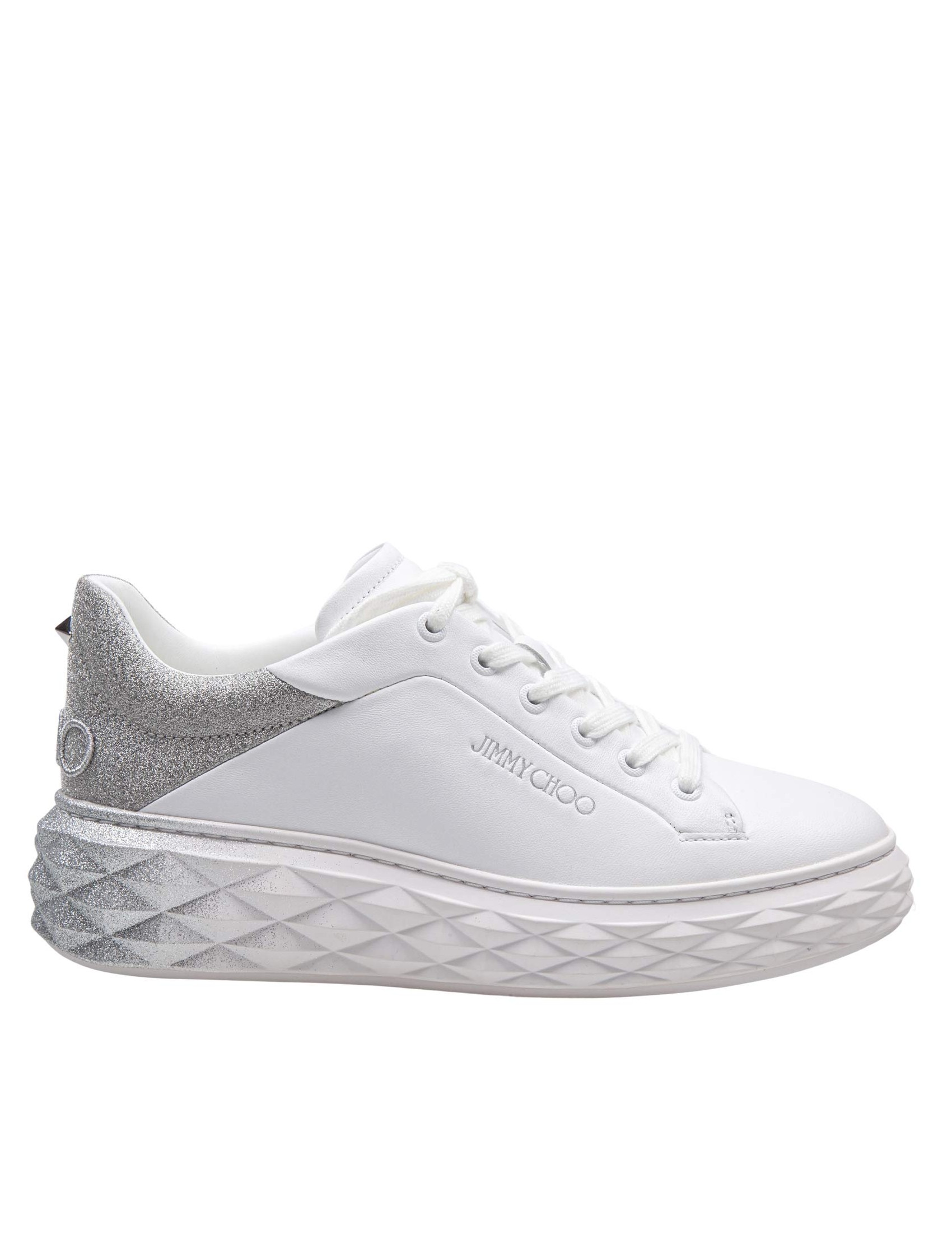 JIMMY CHOO WHITE LEATHER SNEAKERS WITH GLITTER DEGRADE'