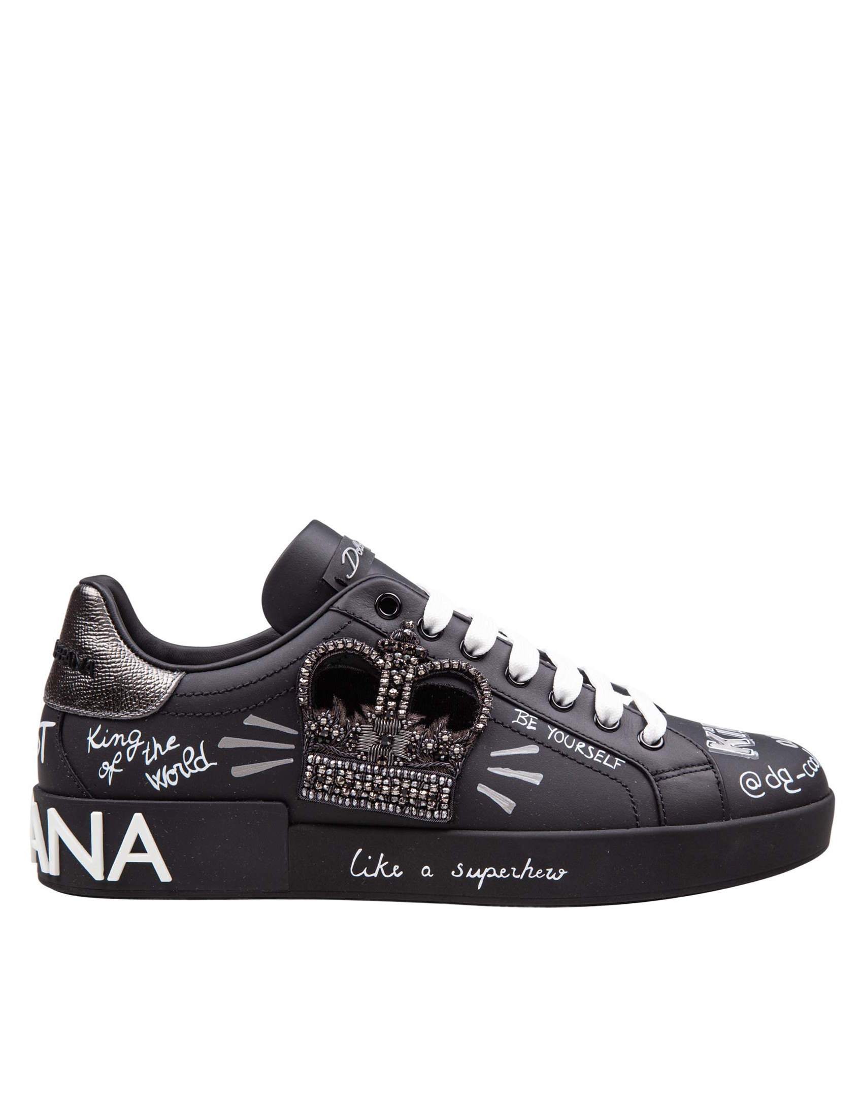 DOLCE & GABBANA PORTOFINO LEATHER SNEAKERS WITH EMBROIDERY AND PATCHES