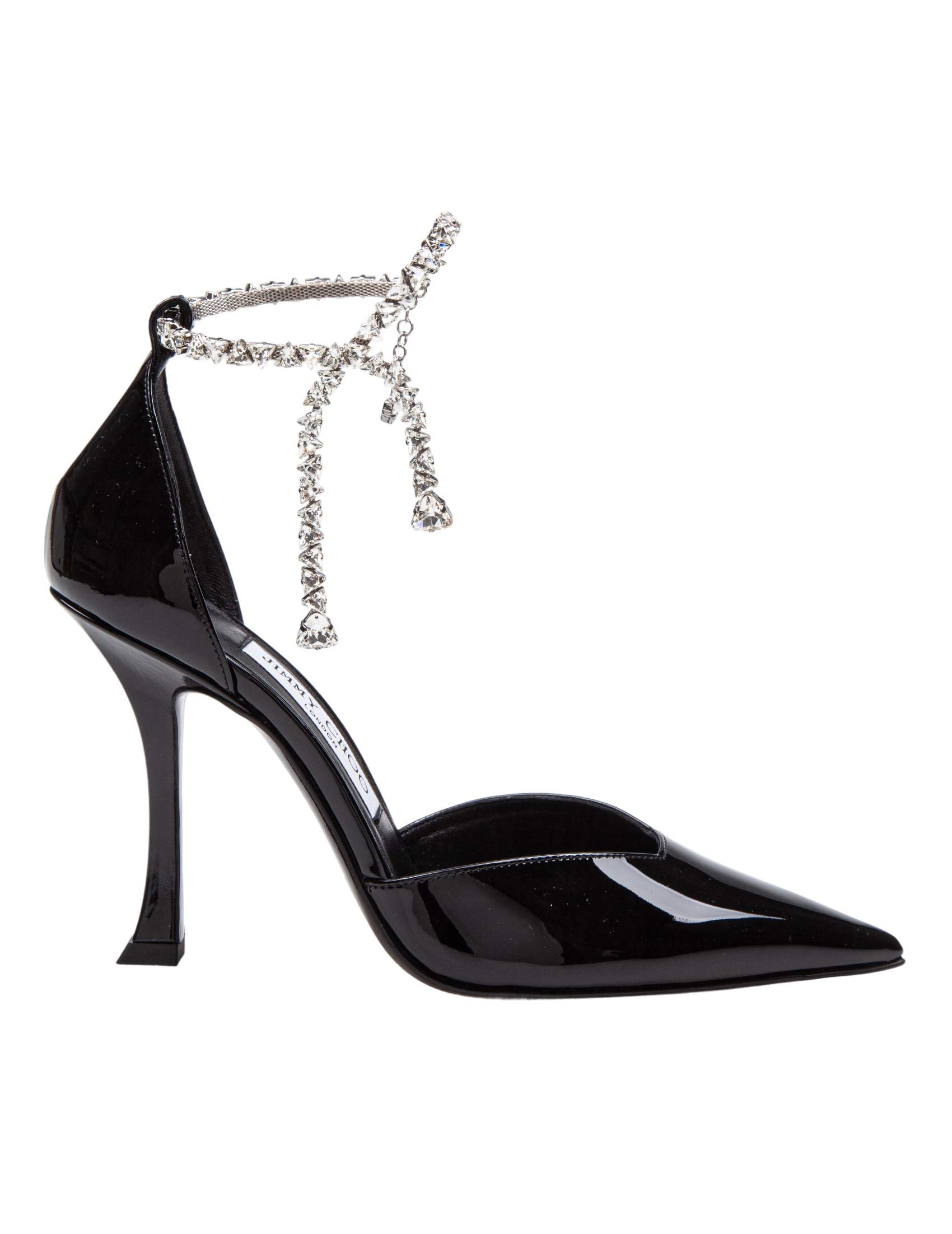 JIMMY CHOO STEVIE 100 PATENT LEATHER SANDAL WITH CRYSTAL ANKLET