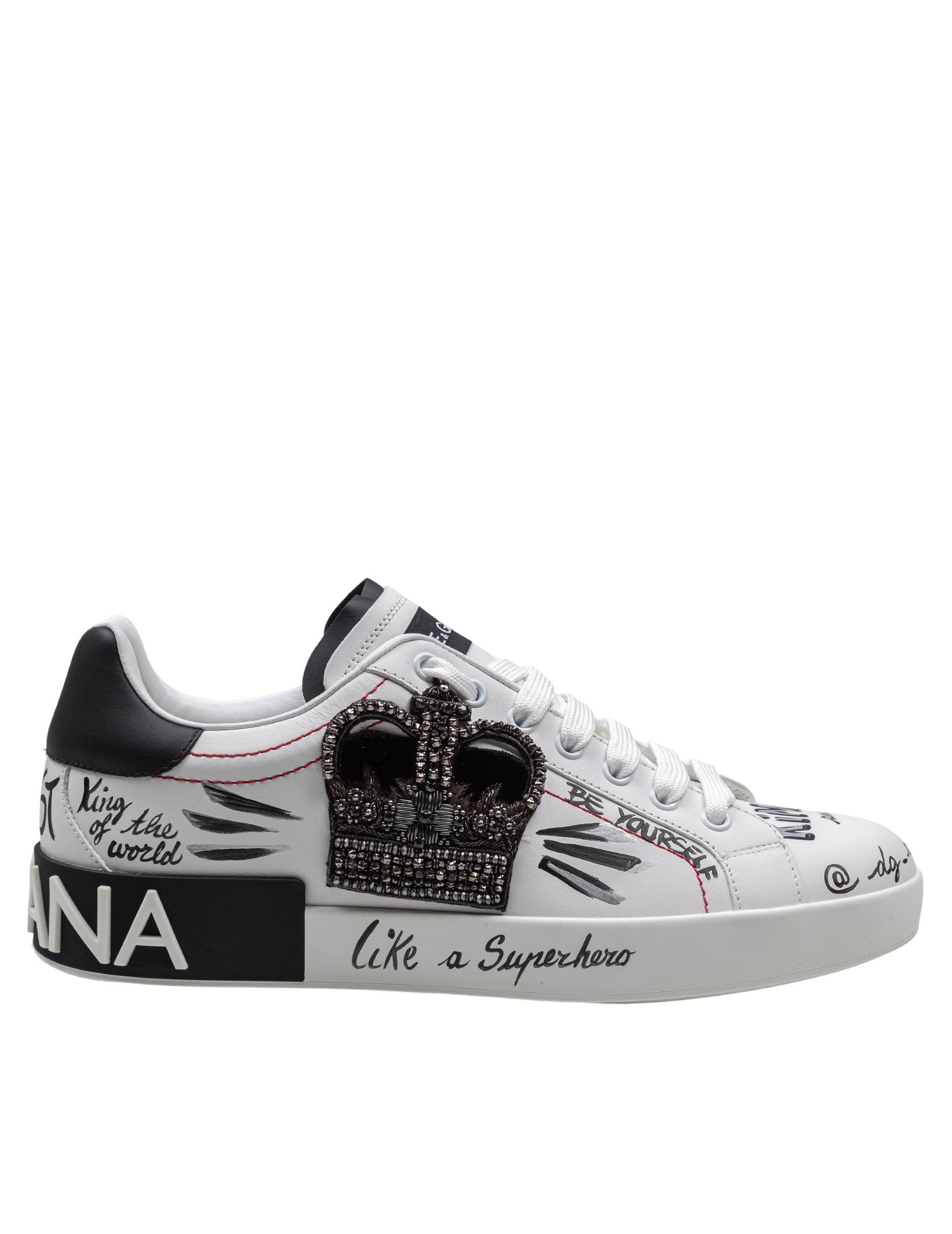 DOLCE & GABBANA PORTOFINO LEATHER SNEAKERS WITH EMBROIDERY AND PATCHES