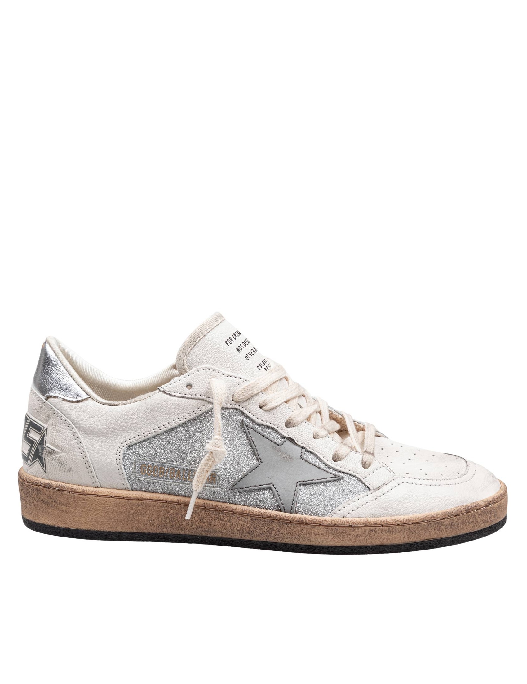 GOLDEN GOOSE BALLSTAR IN NAPPA AND GLITTER NATURAL AND SILVER COLOR