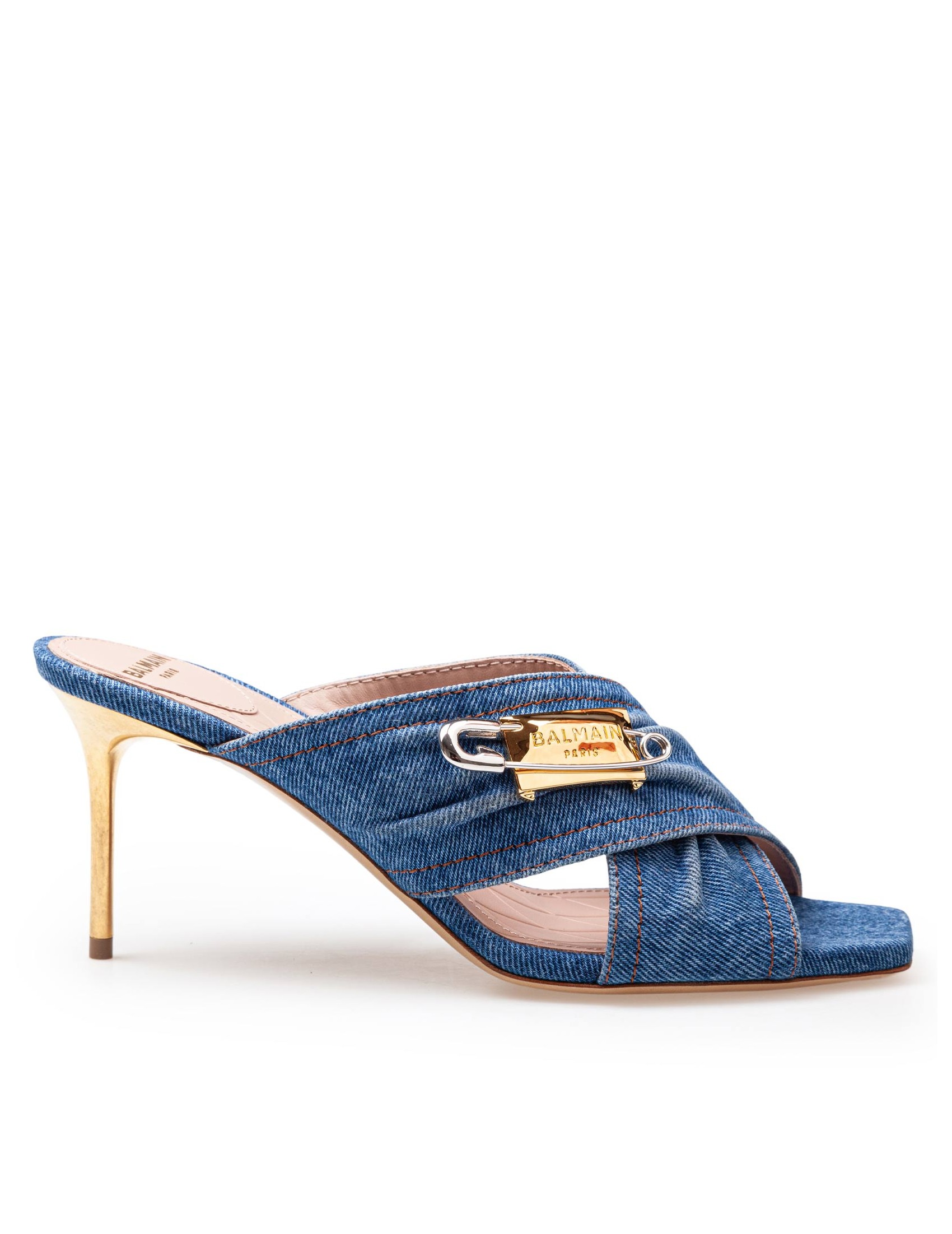 BALMAIN SAFETY MULE IN DENIM FABRIC WITH APPLIED PIN