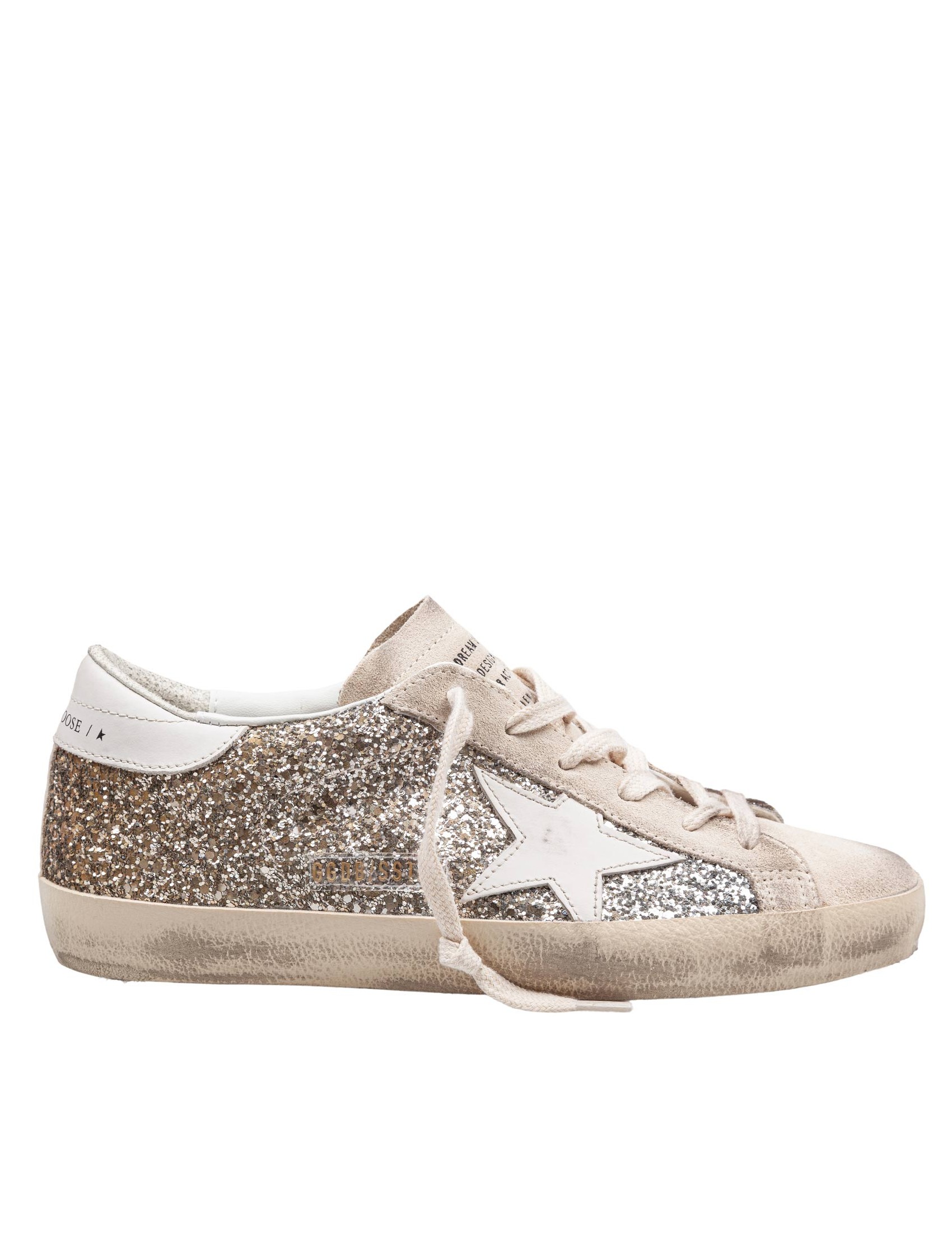 GOLDEN GOOSE SNEAKERS SUPER STAR IN GLITTER E CAMOSCIO COLORE BEIGE/BROWN