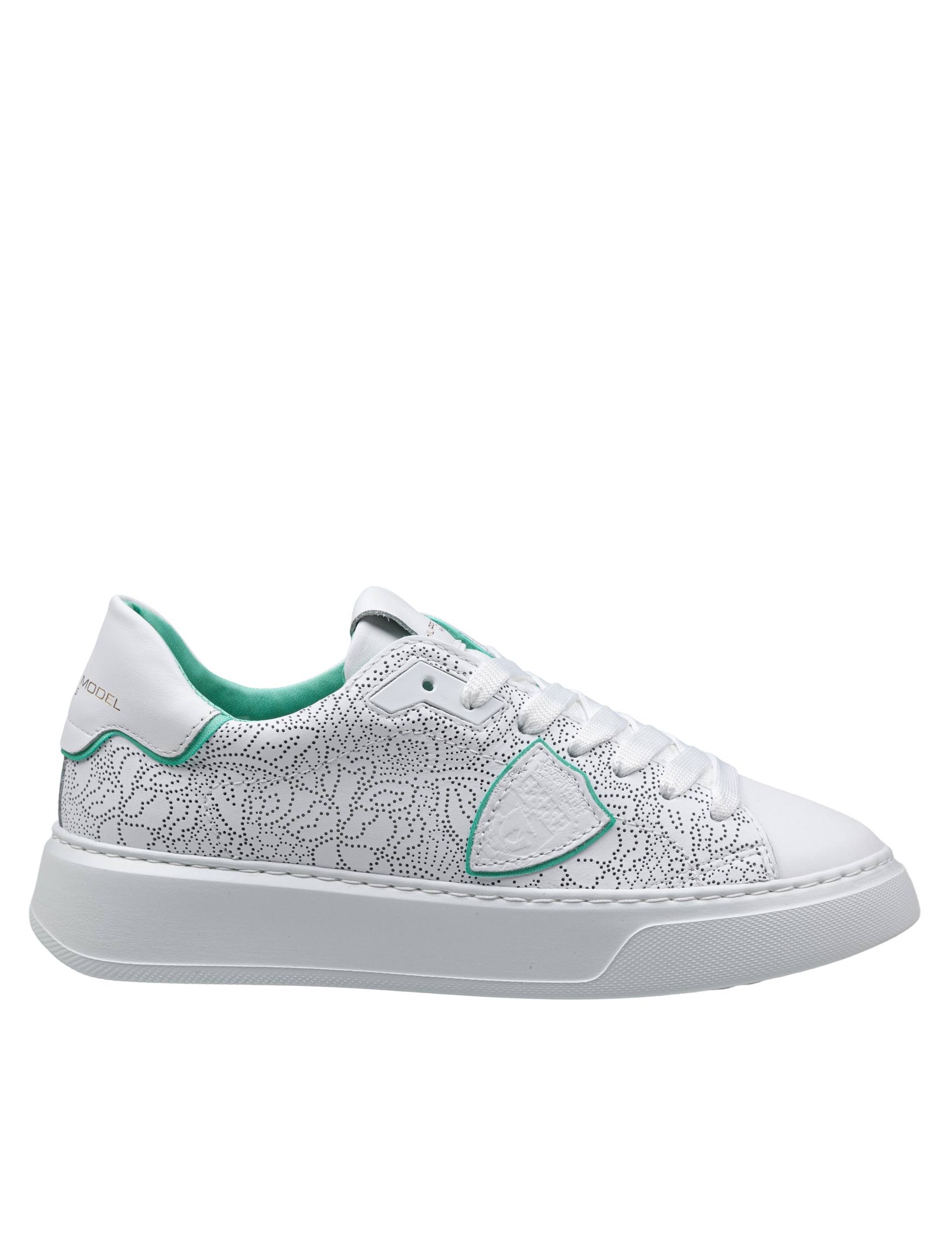 PHILIPPE MODEL TEMPLE PERFORATED LEATHER SNEAKERS COLOR WHITE AND GREEN