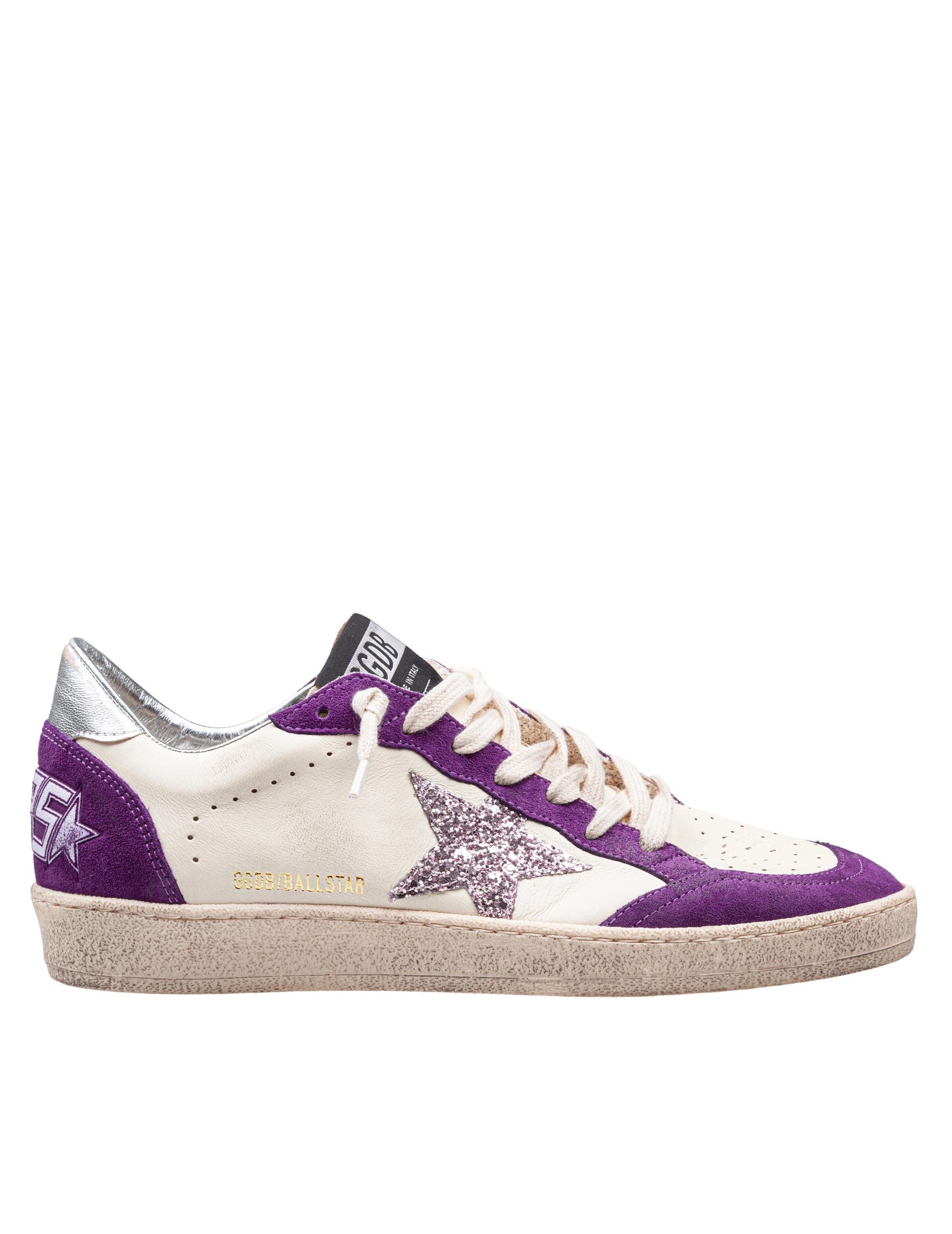 GOLDEN GOOSE BALLSTAR SNEAKERS IN LEATHER AND SUEDE COLOR WHITE AND PURPLE