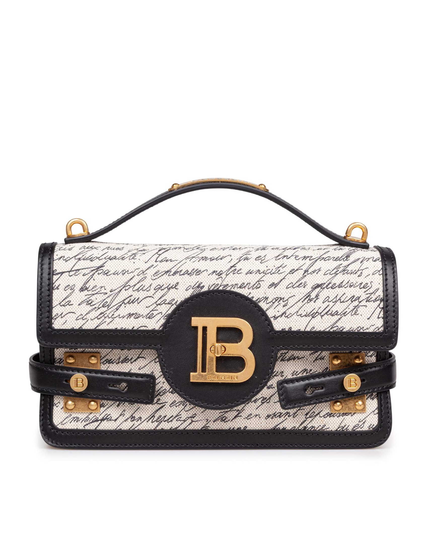 BALMAIN B-BUZZ CANVAS AND LEATHER HANDBAG WITH "LOVE LETTER" PRINT